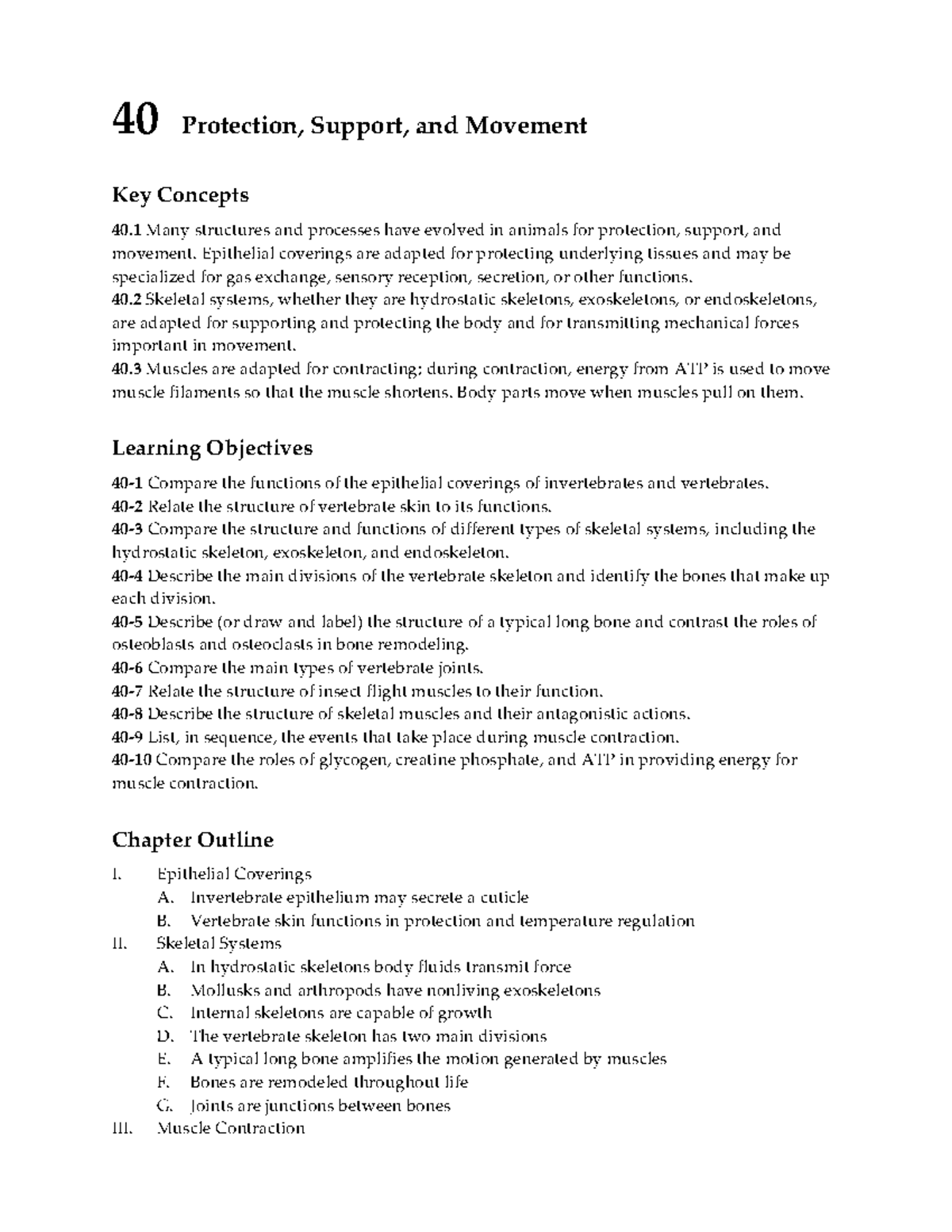 Chapter 40 Summary Notes 40 Protection, Support, and Movement Key