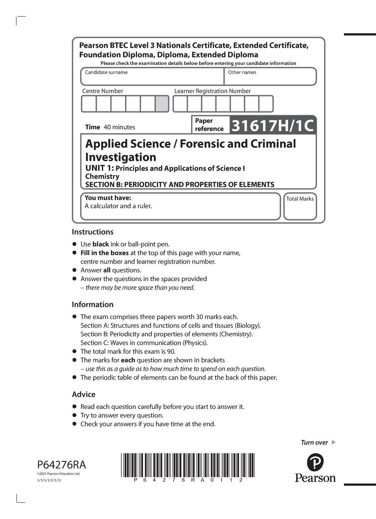 31617 H1C Unit1 que Chemistry 2201 - P64276RA0112 Turn over Total Marks ...