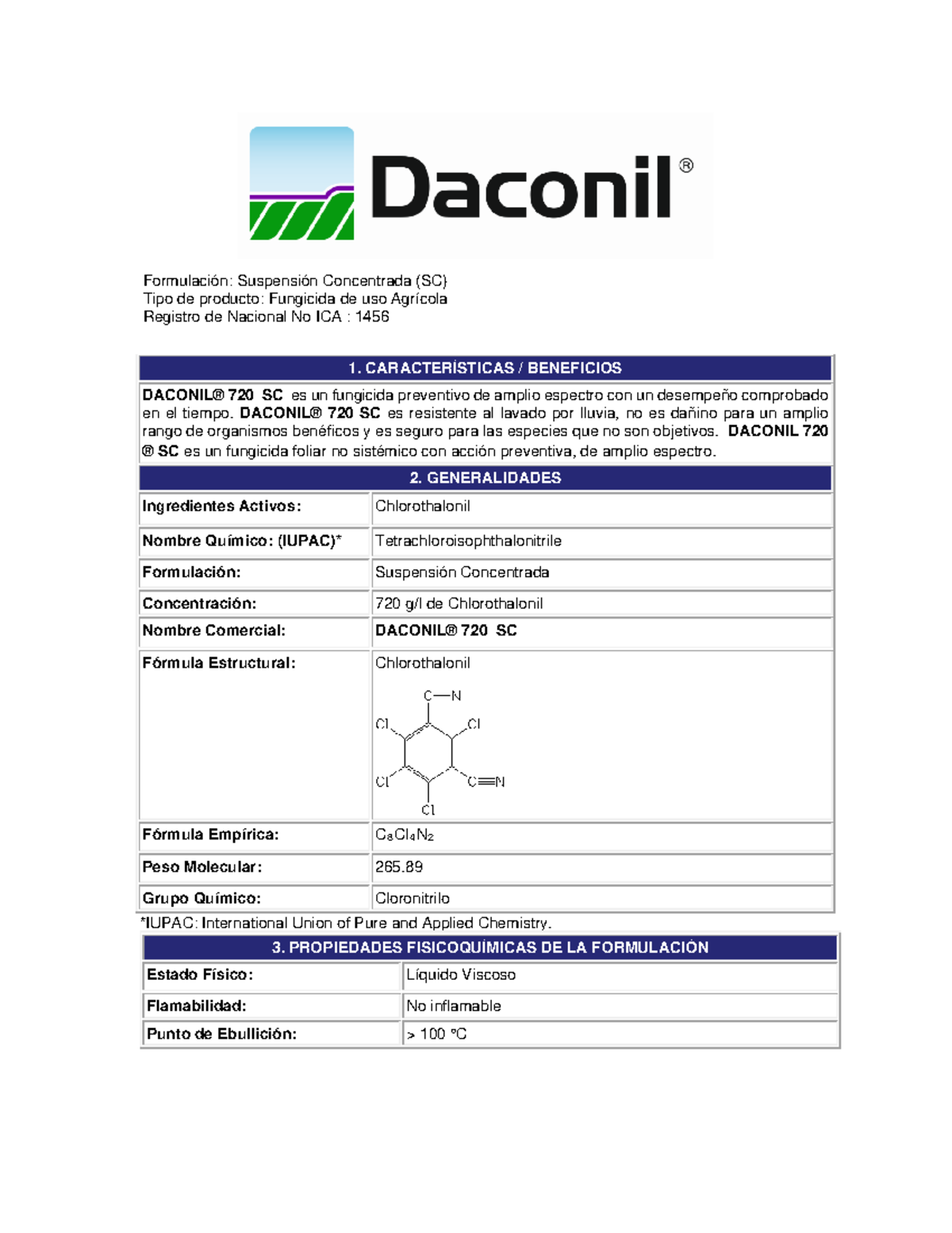 Daconil 720 sc ficha tecnica 10abril 2022 Formulación Suspensión