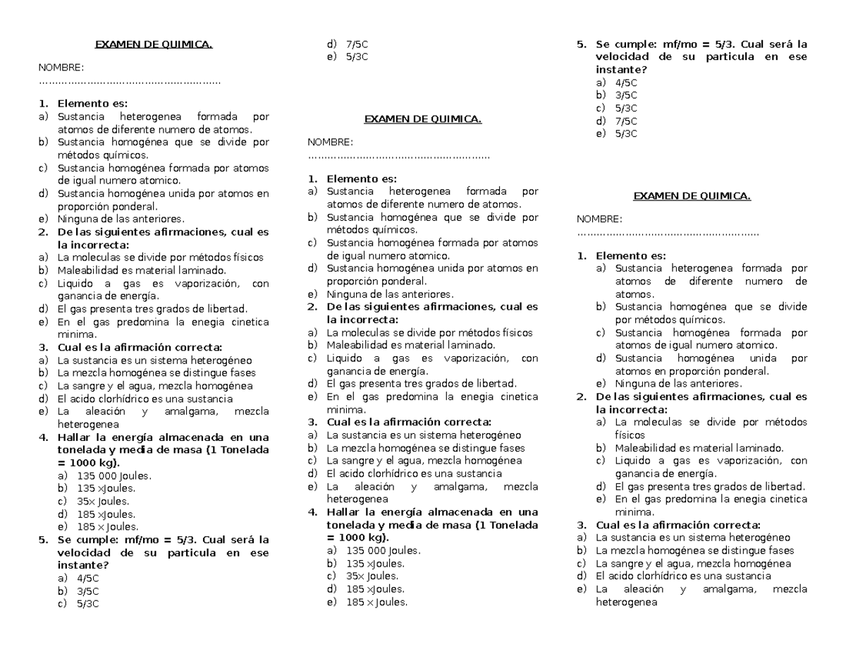 Examen De Quimica Secundaria Primer Trimestre www.studocu.com