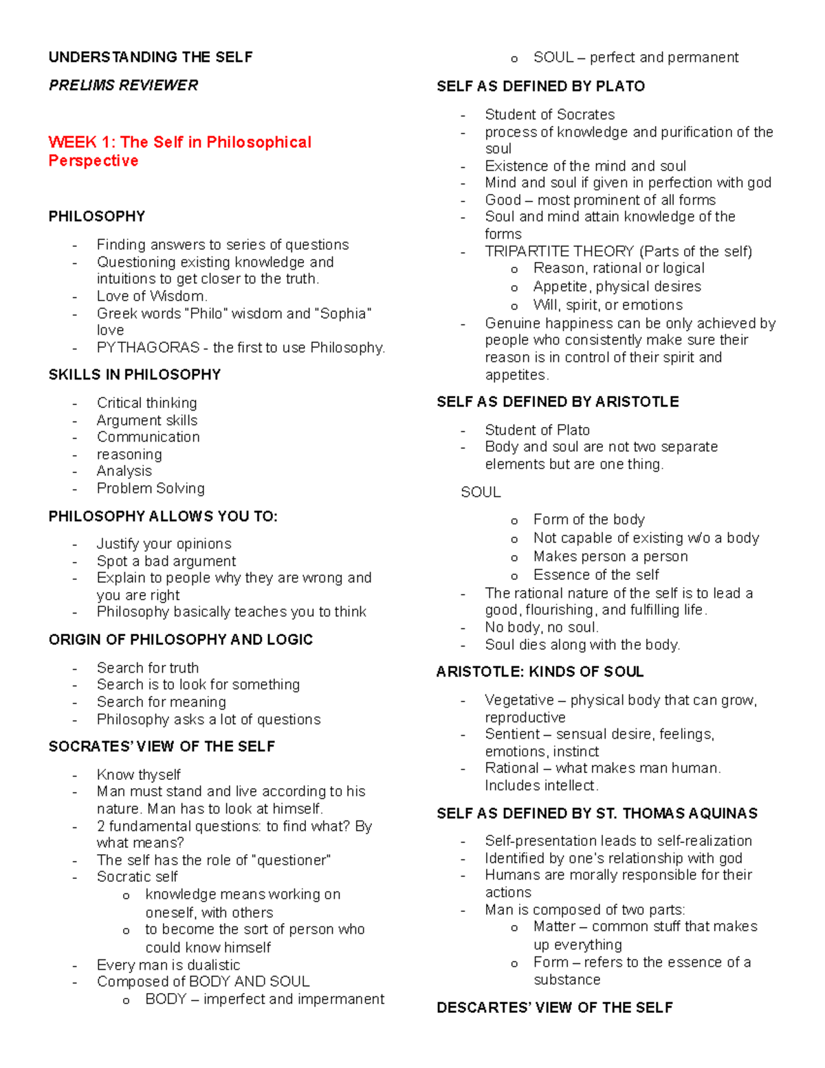 UTS Reviewer - uts rev - UNDERSTANDING THE SELF PRELIMS REVIEWER WEEK 1 ...