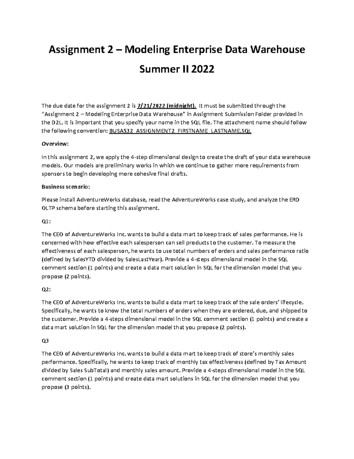 Assignment 2 - Modeling Enterprise Data Warehouse - Assignment 2 ...