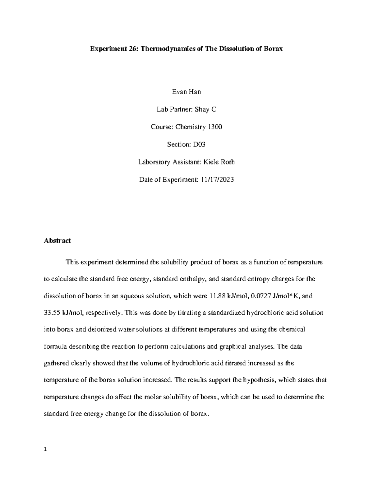 Formal Lab Report - final - Experiment 26: Thermodynamics of The ...