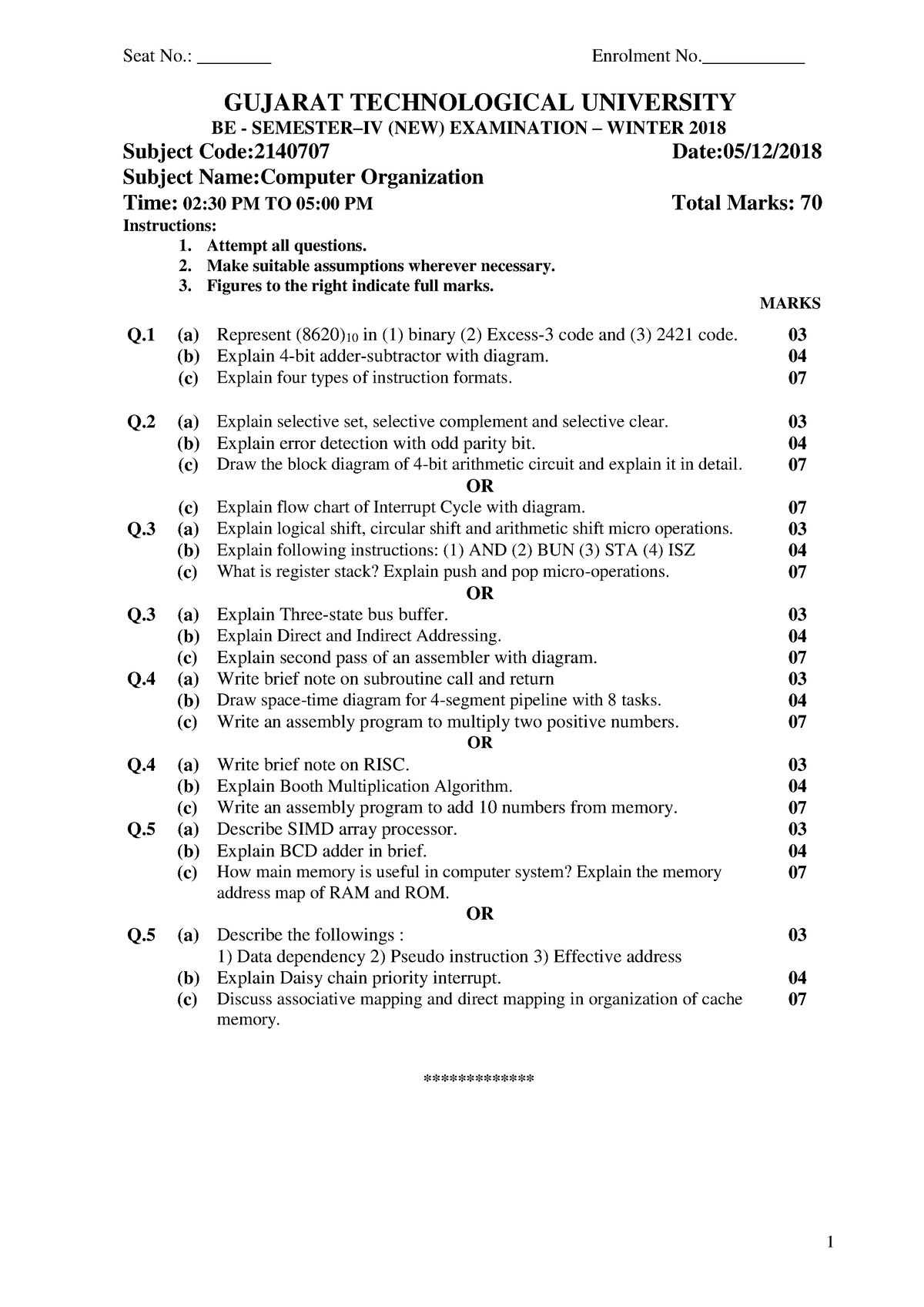 COA Paper - GUJARAT TECHNOLOGICAL UNIVERSITY BE - SEMESTER–IV (NEW ...