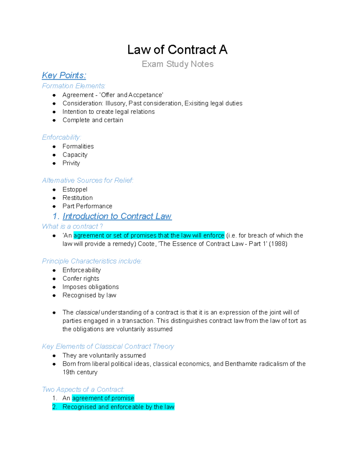 Law Of Contract A Study Notes - Law Of Contract A Exam Study Notes Key ...