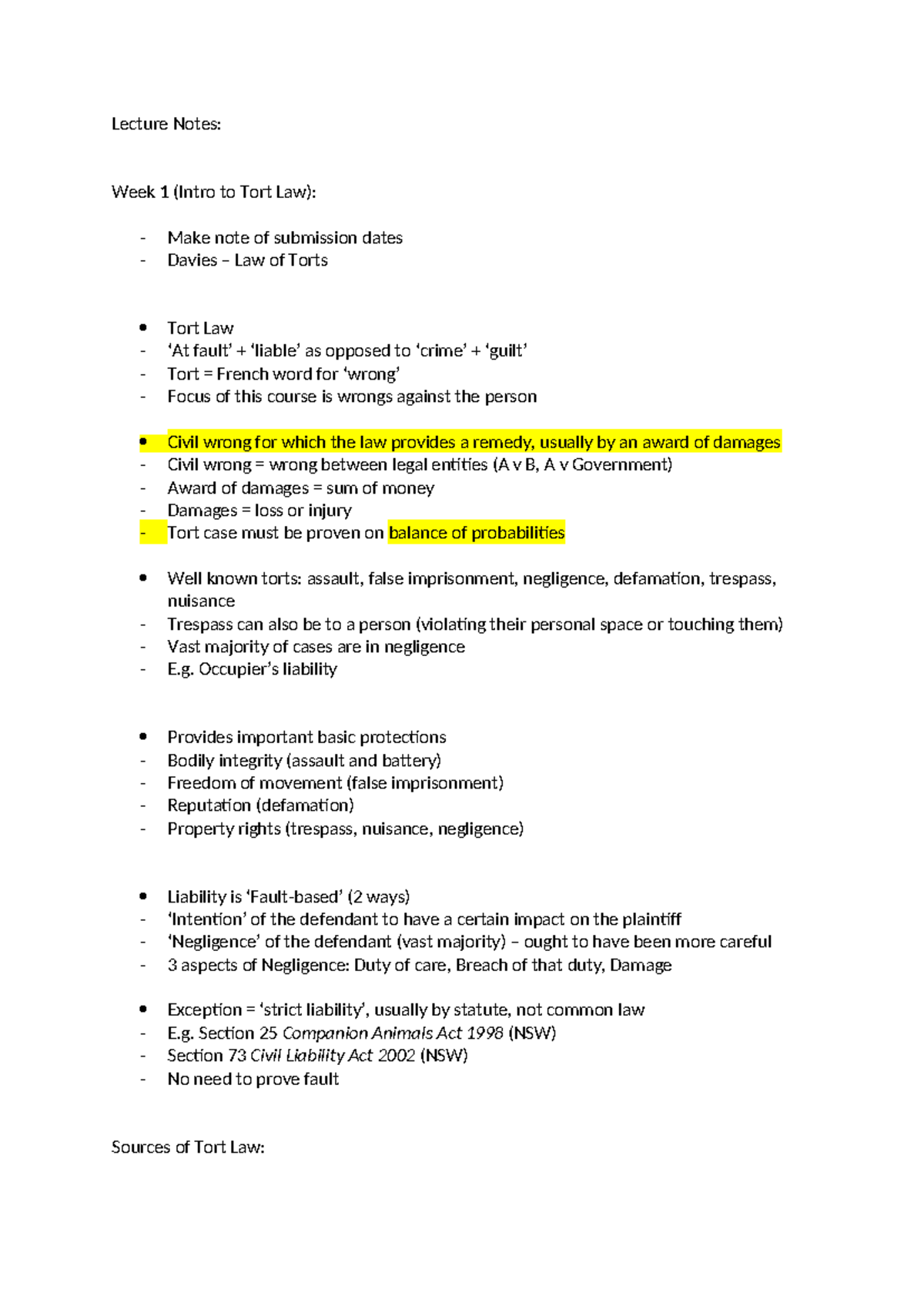 Torts Lectures - notes - Lecture Notes: Week 1 (Intro to Tort Law ...