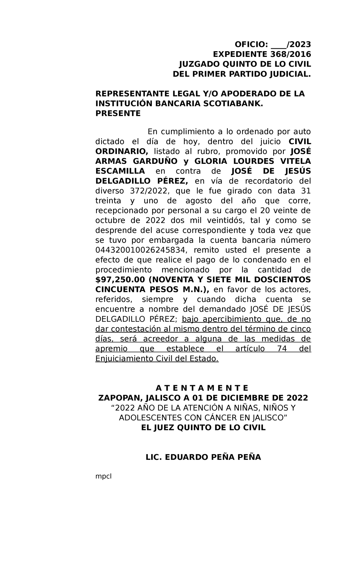 3682016 oficio recordatorio OFICIO ____/ EXPEDIENTE 368/ JUZGADO