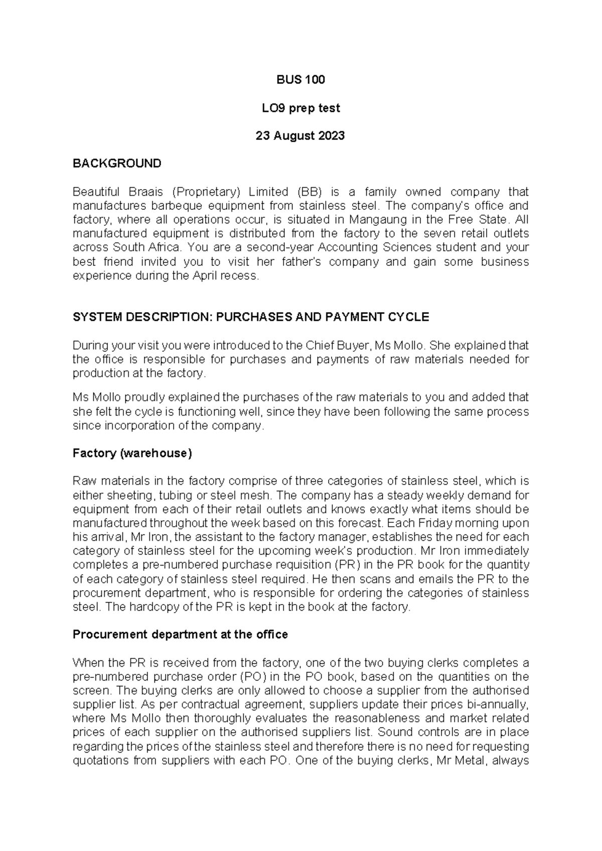 Class prep test question - BUS 100 LO9 prep test 23 August 2023 ...