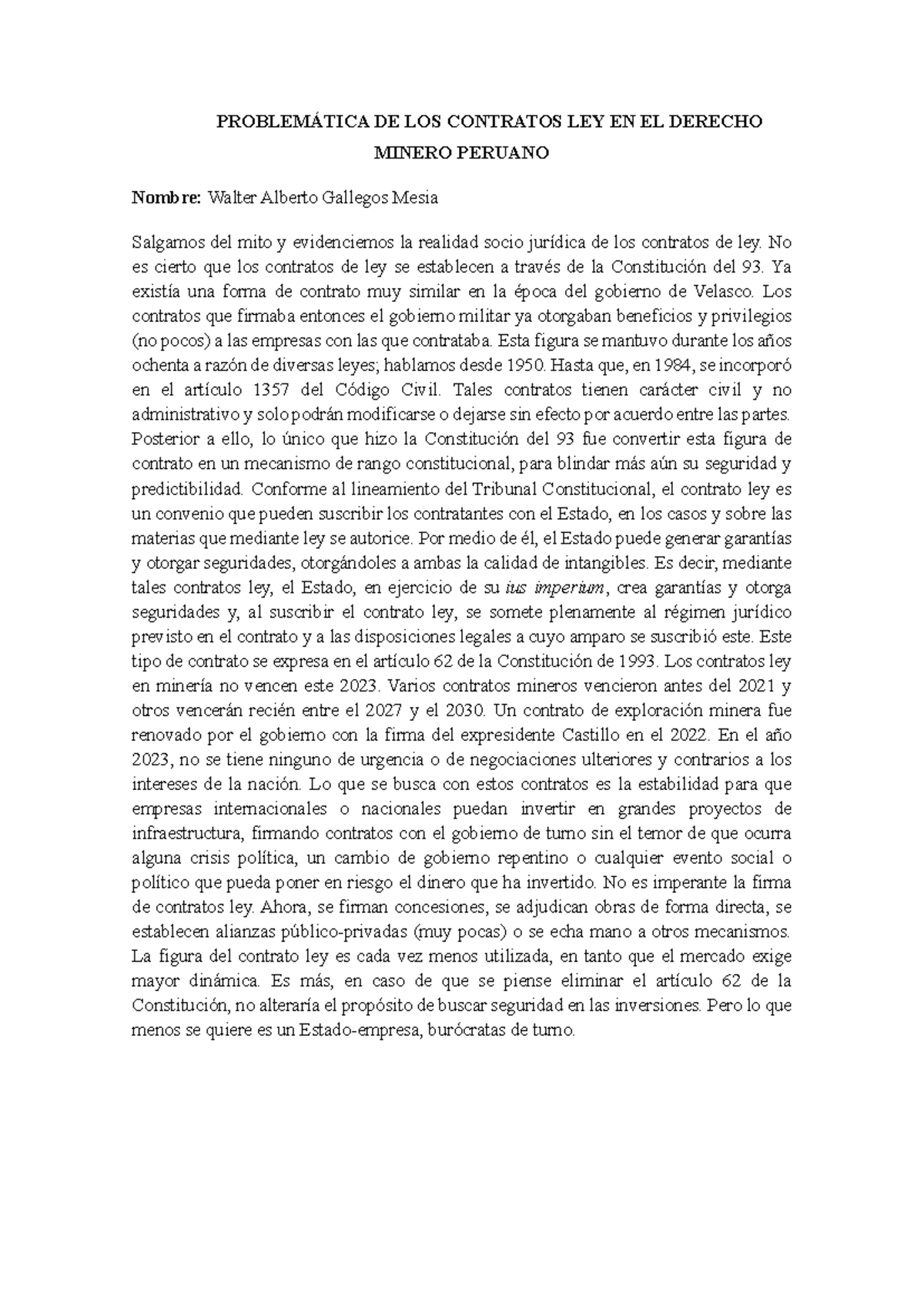 Problemática DE LOS Contratos LEY EN EL Derecho Minero Peruano ...