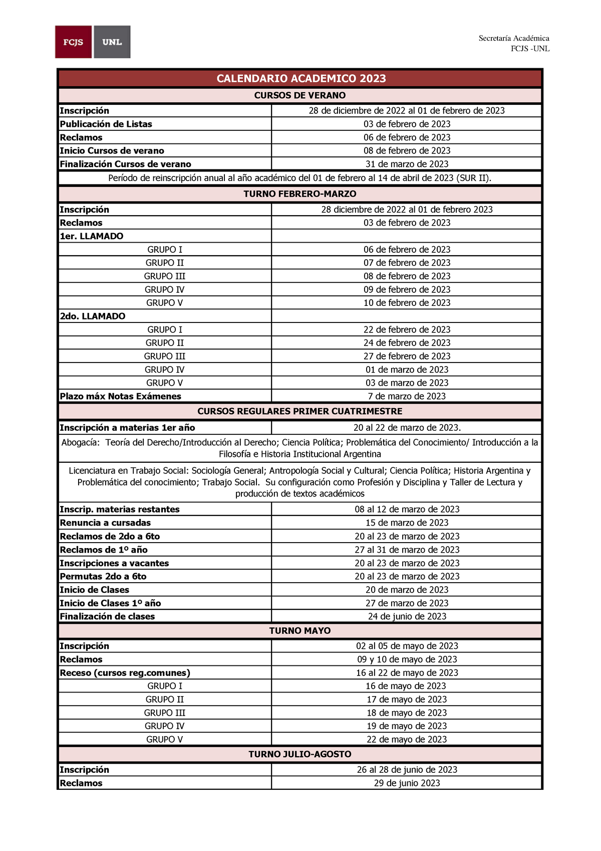 Calendario actual Secretaría Académica FCJS UNL Inscripción 28