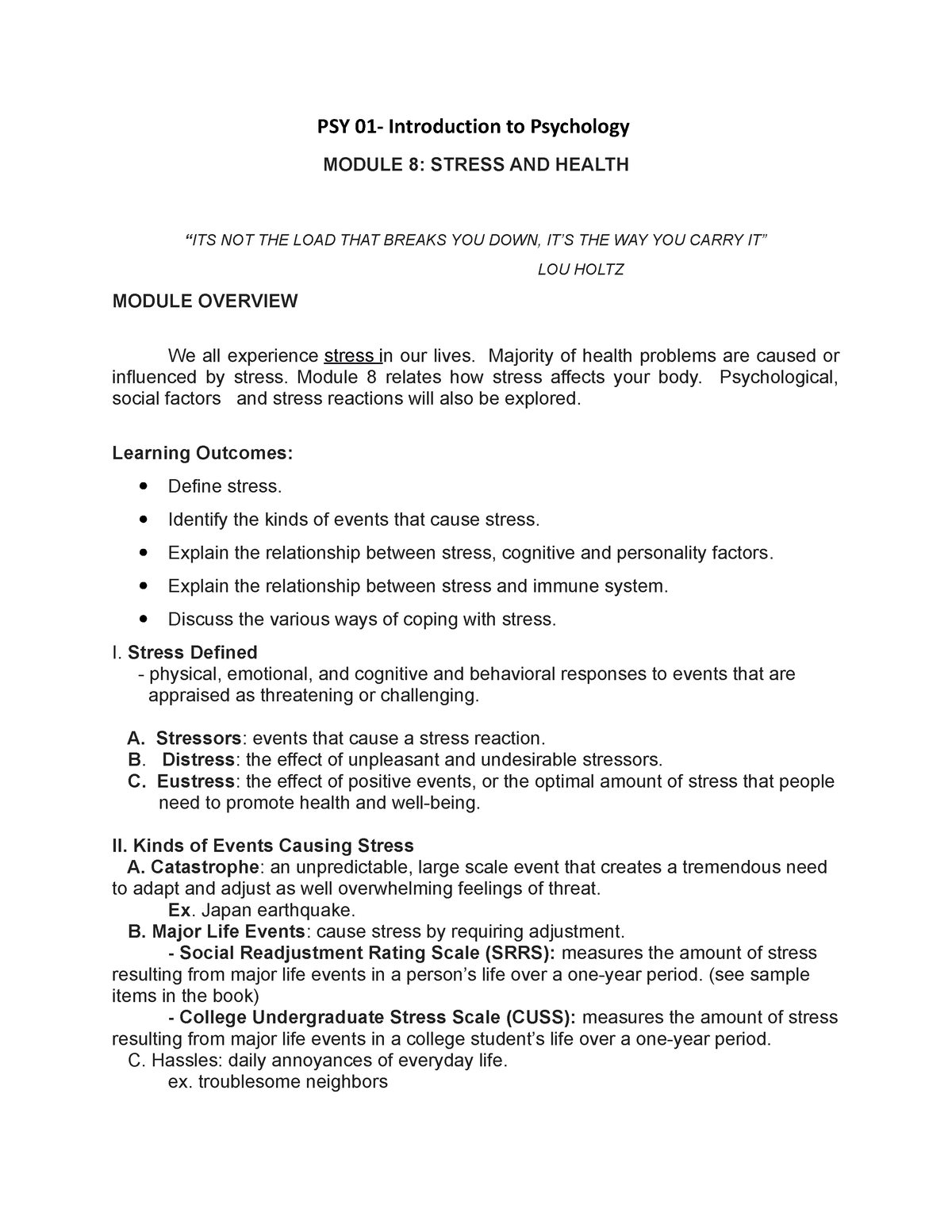 Module 8 Intro To Psychology Health And Stress Psy 01 Introduction To Psychology Module 8 6551