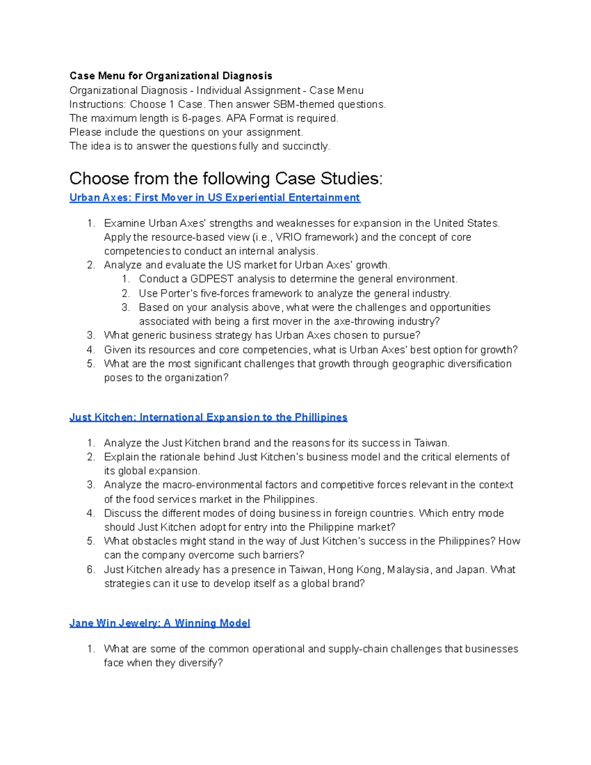 Case Menu for Organizational Diagnosis - Summer '24 - Case Menu for ...