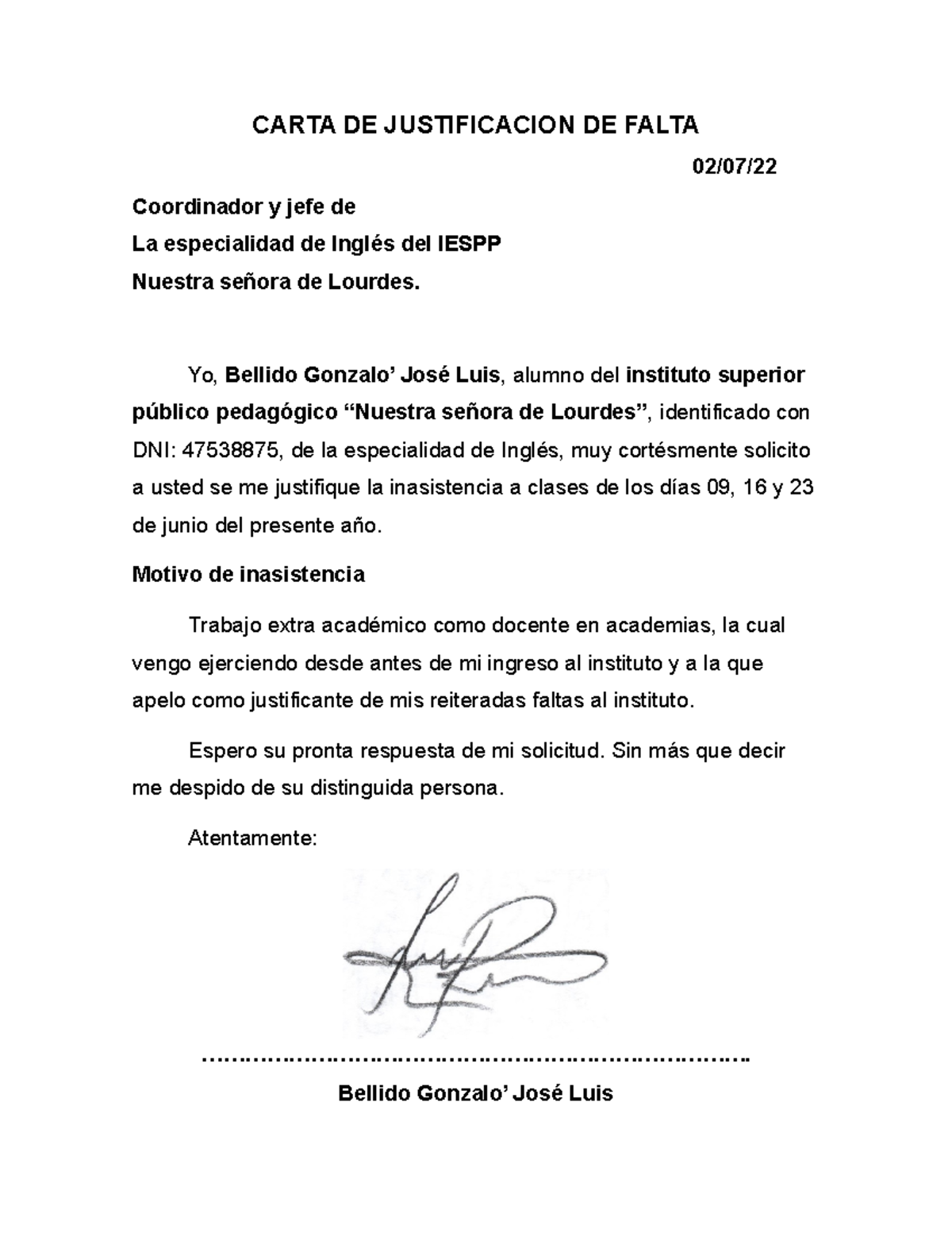 Carta De Justificacion De Falta Carta De Justificacion De Falta 0207 Coordinador Y Jefe De 9316