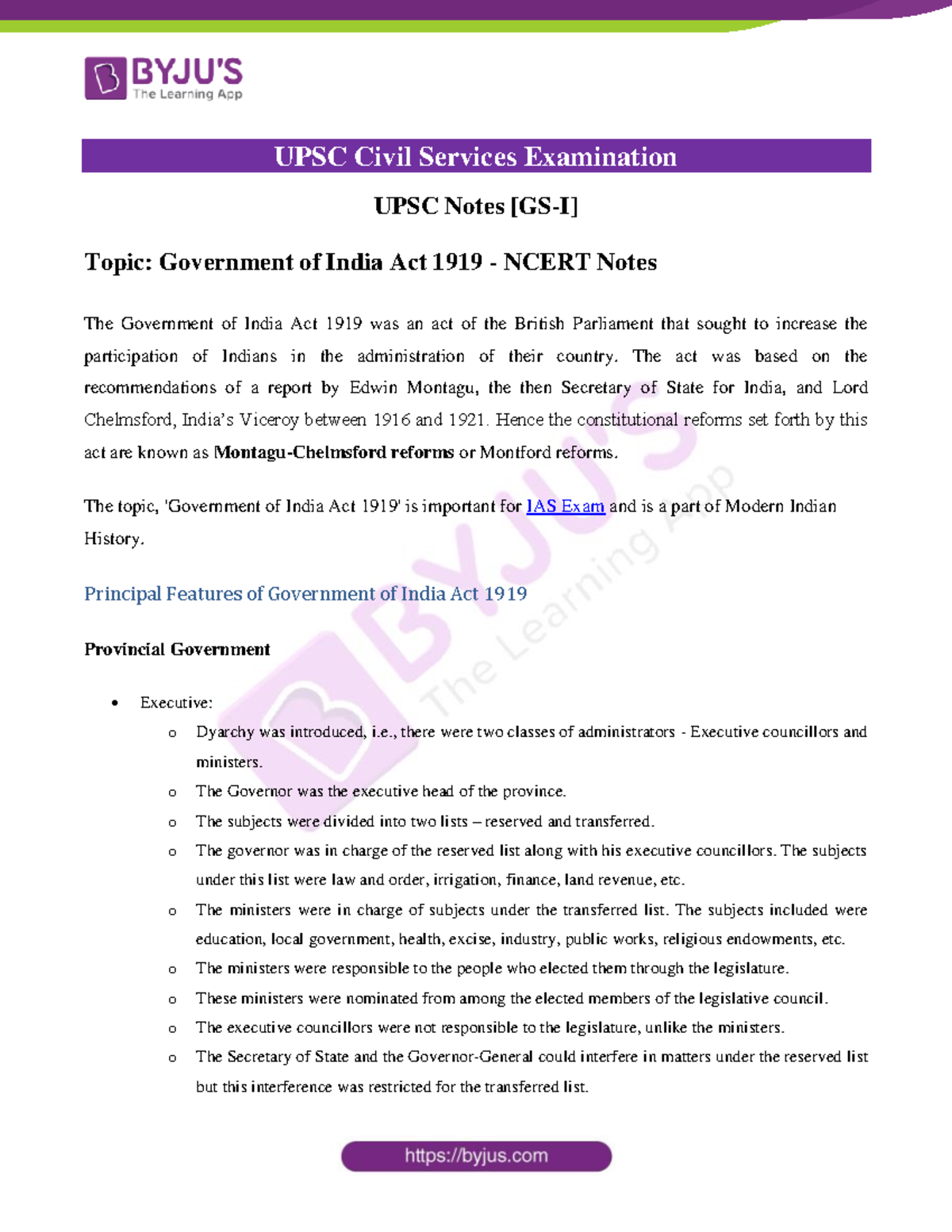 Government of India Act 1919 Ncert Notes - UPSC Civil Services ...