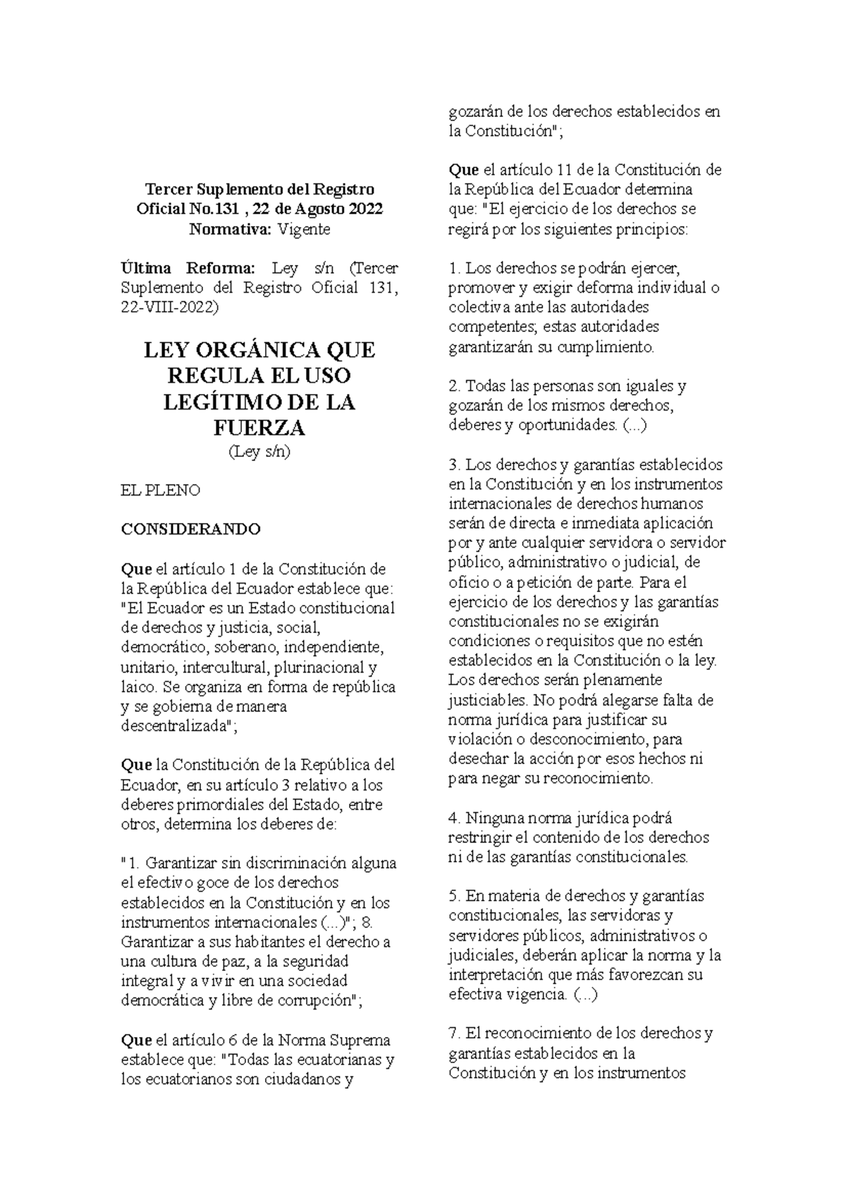 Ley Orgánica que regula el Uso Legítimo de la Fuerza - Tercer ...