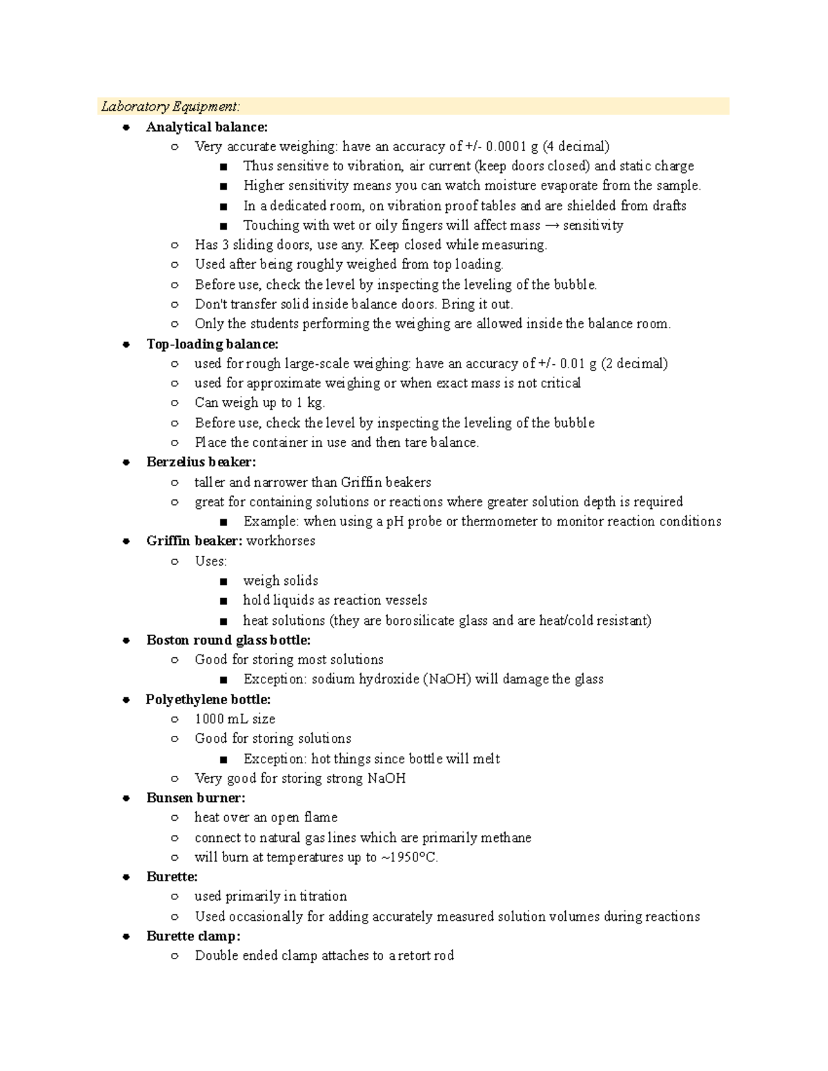 exam review - chem - Laboratory Equipment:. Analytical balance: Very ...