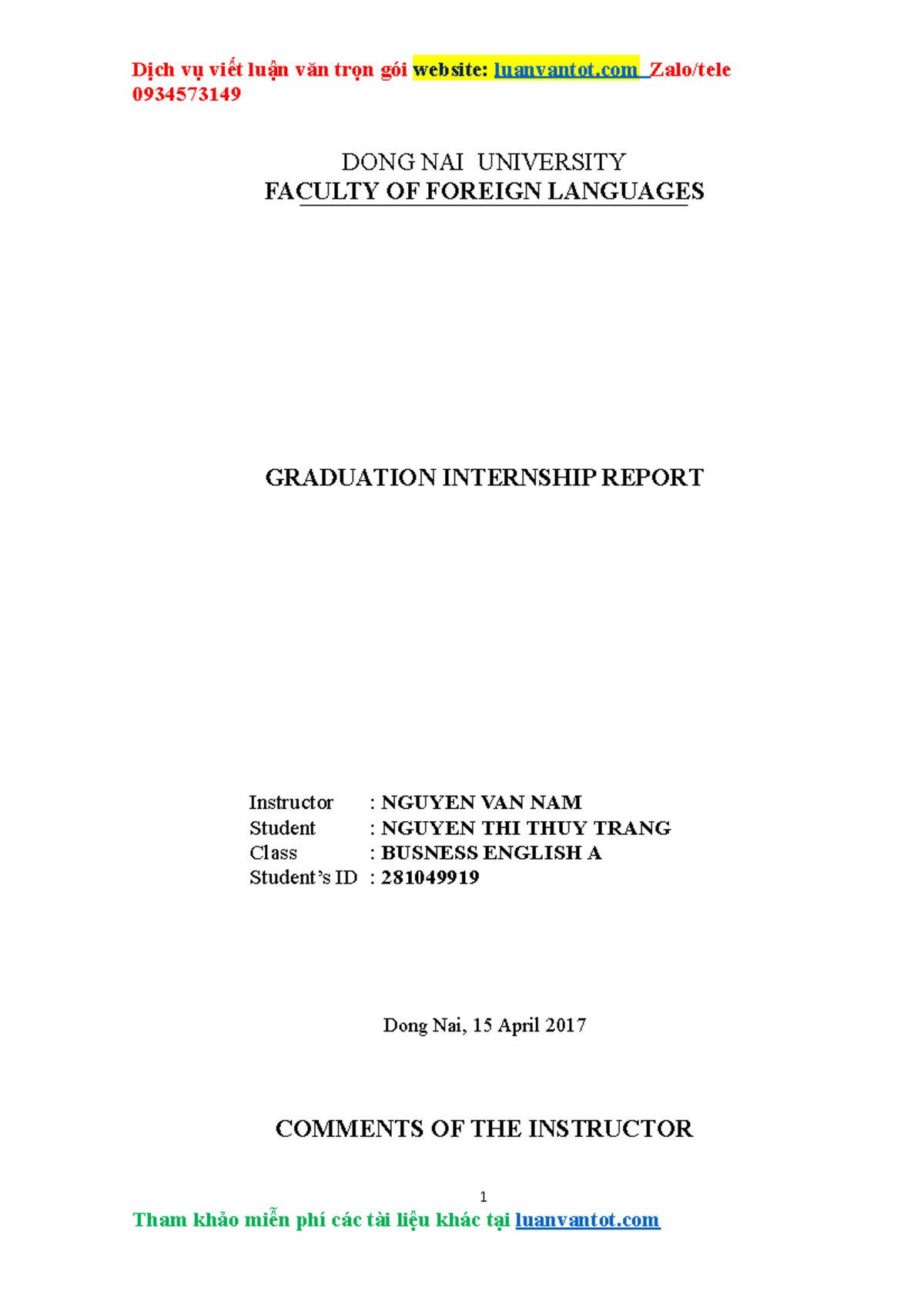 Graduation Internship Report Faculty Of Foreign Languages - 0934573149 ...