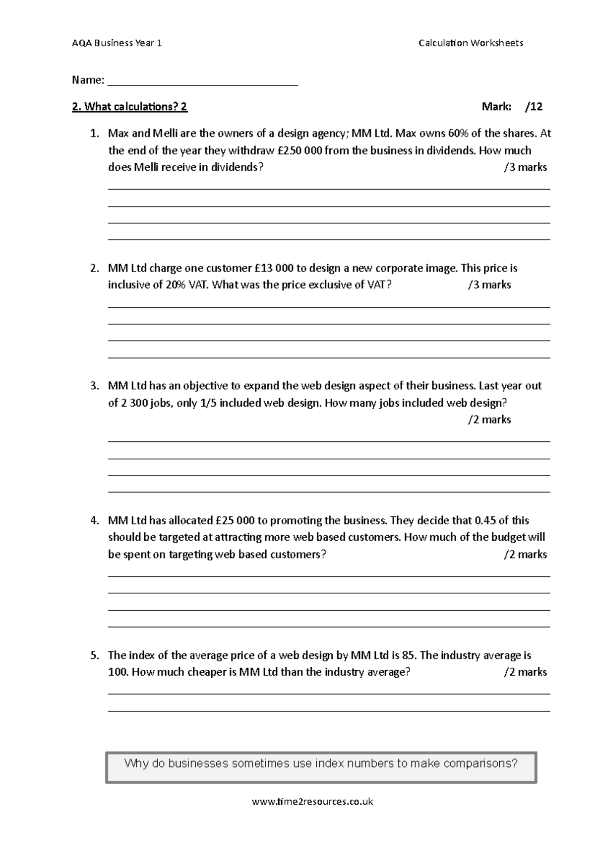 1.2 What calculations 2 - AQA Business Year 1 Calculation Worksheets ...