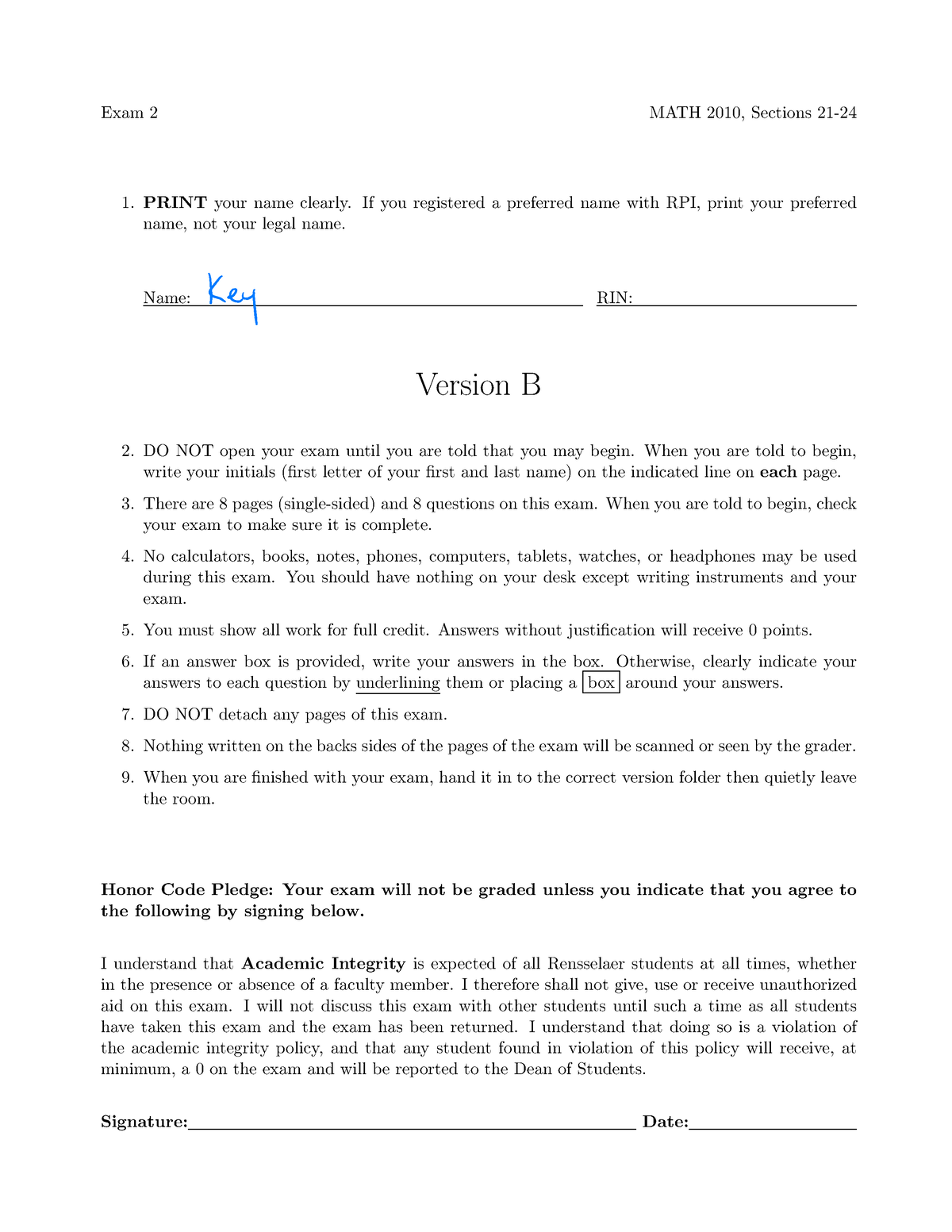 Exam2 2010 F23 B-key - Exam 2, Elisabeth Brown Multivariable - Exam 2 ...