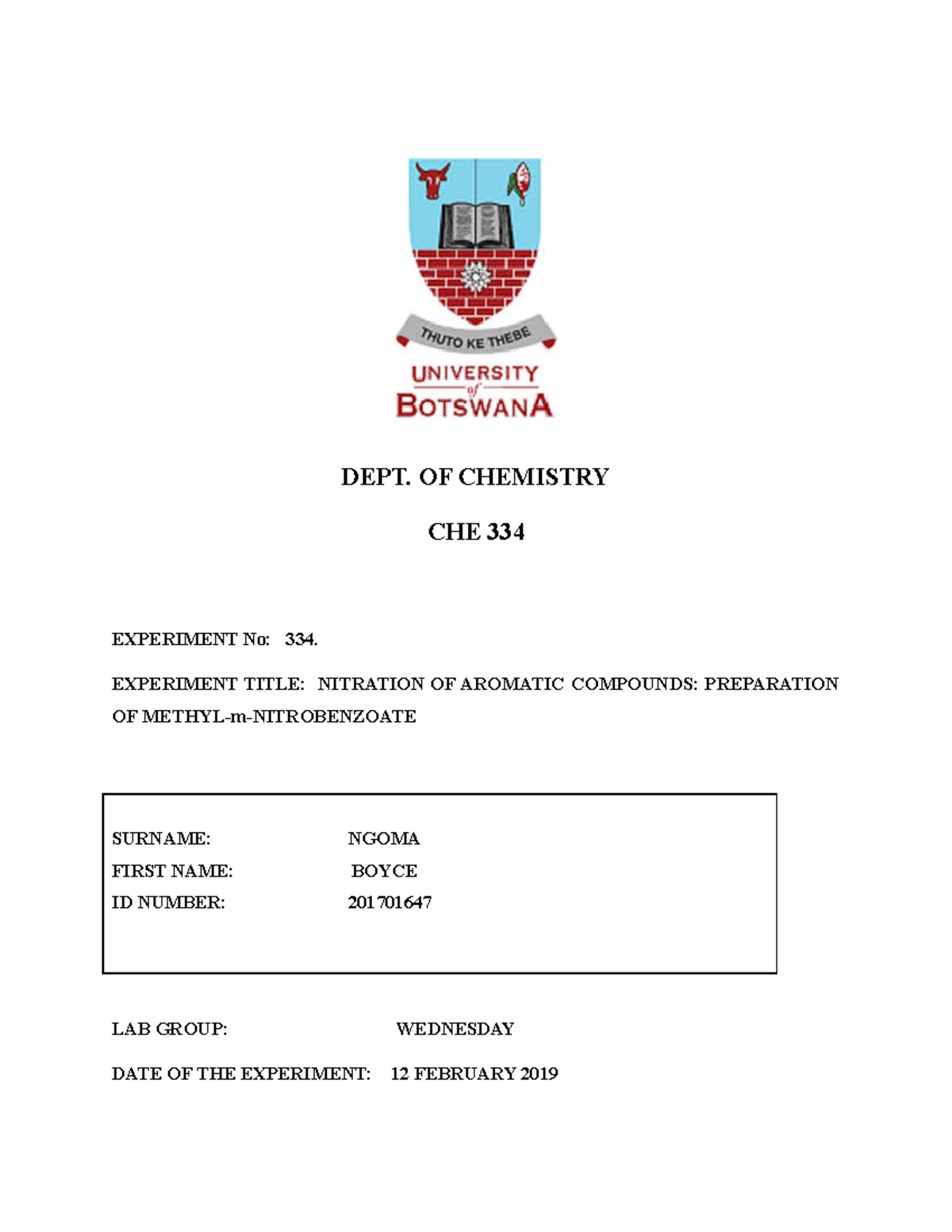 Exp 1 - Grade: B+ - DEPT. OF CHEMISTRY CHE 334 EXPERIMENT No: 334 ...