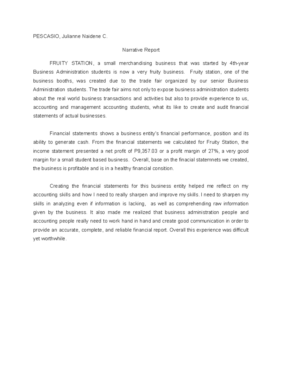 Pescasio Narrative Report - Financial Management - Studocu
