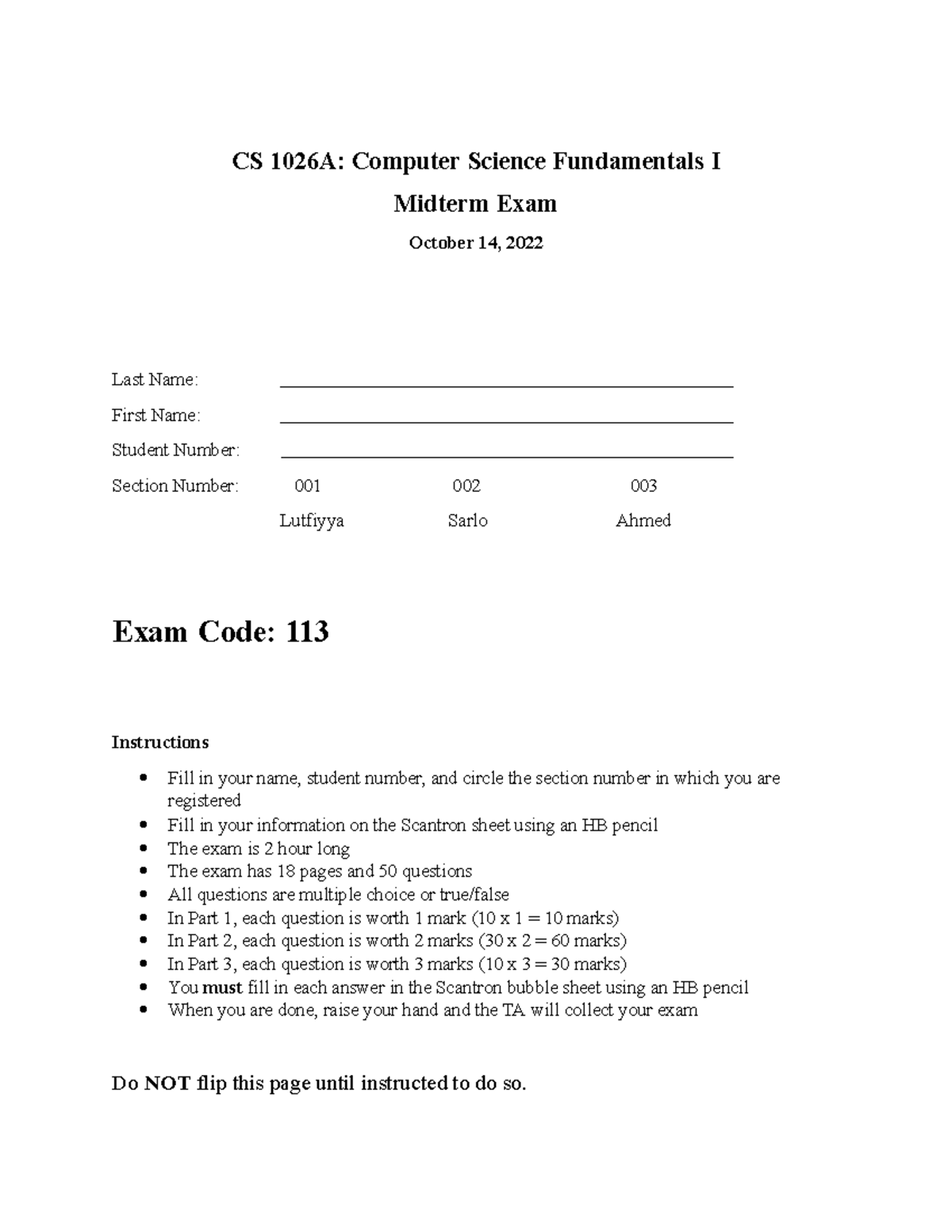 CS 1026A Fall 2022 - Midterm V113 - Solutions - CS 1026A: Computer ...