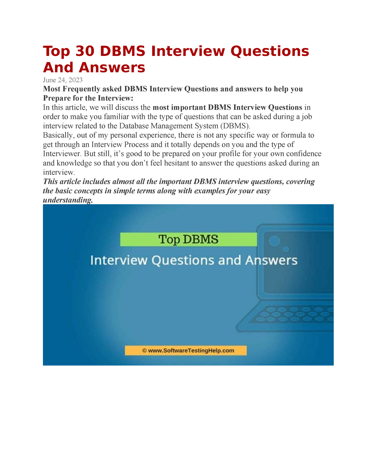 Top 30 DBMS Interview Questions And Answers - Basically, Out Of My ...