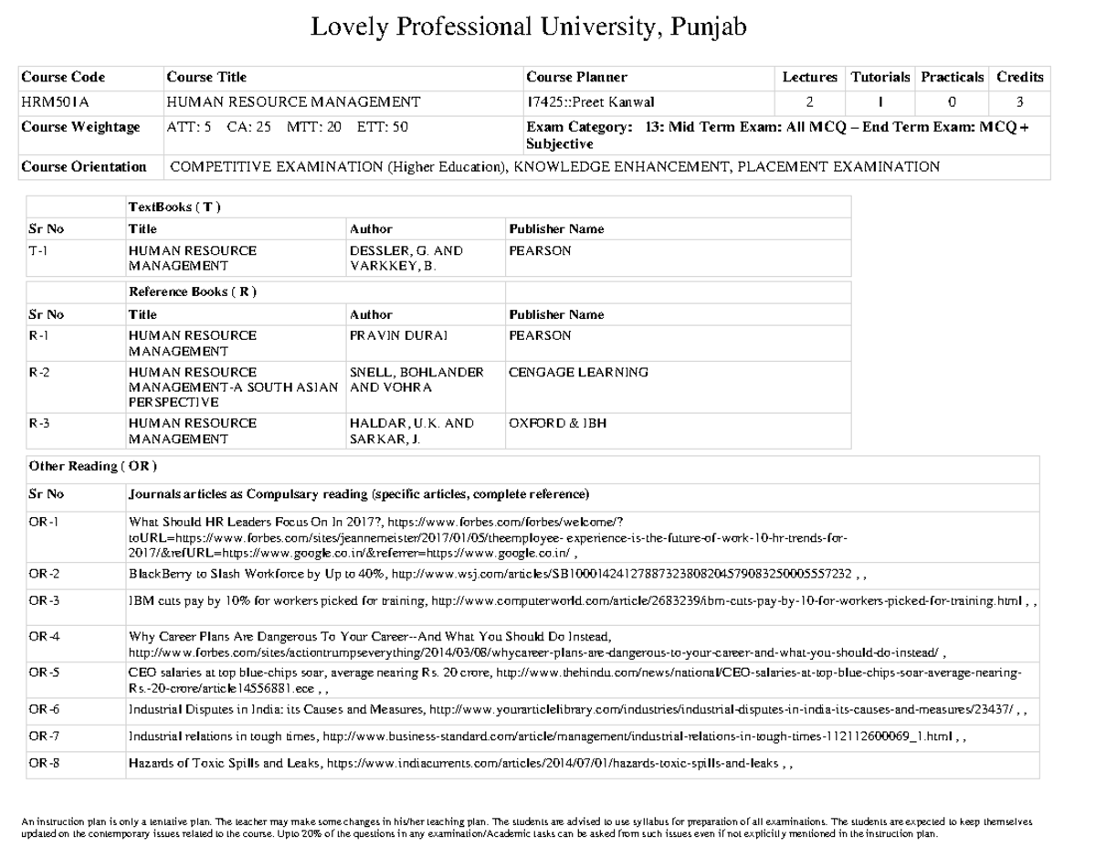 HRM501A Human Resource Management - Lovely Professional University ...