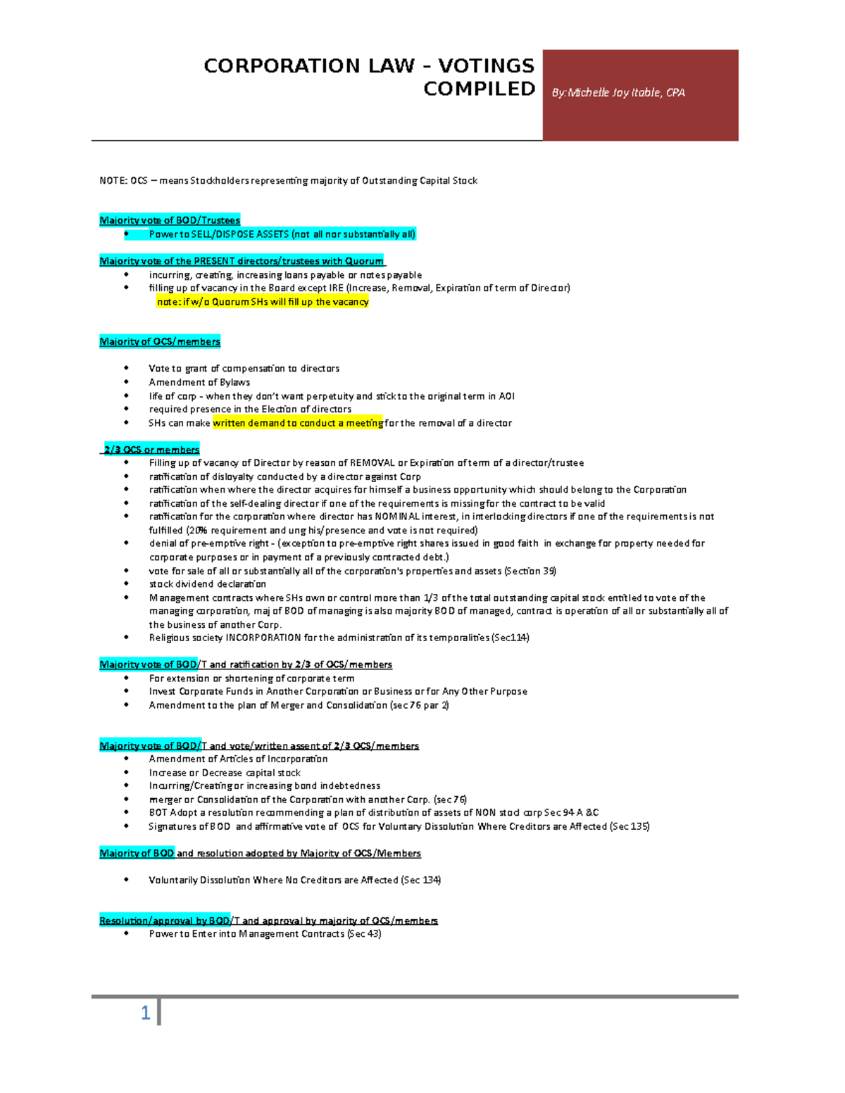 Corpo Votings Compiled - CORPORATION LAW – VOTINGS COMPILED By:Michelle ...