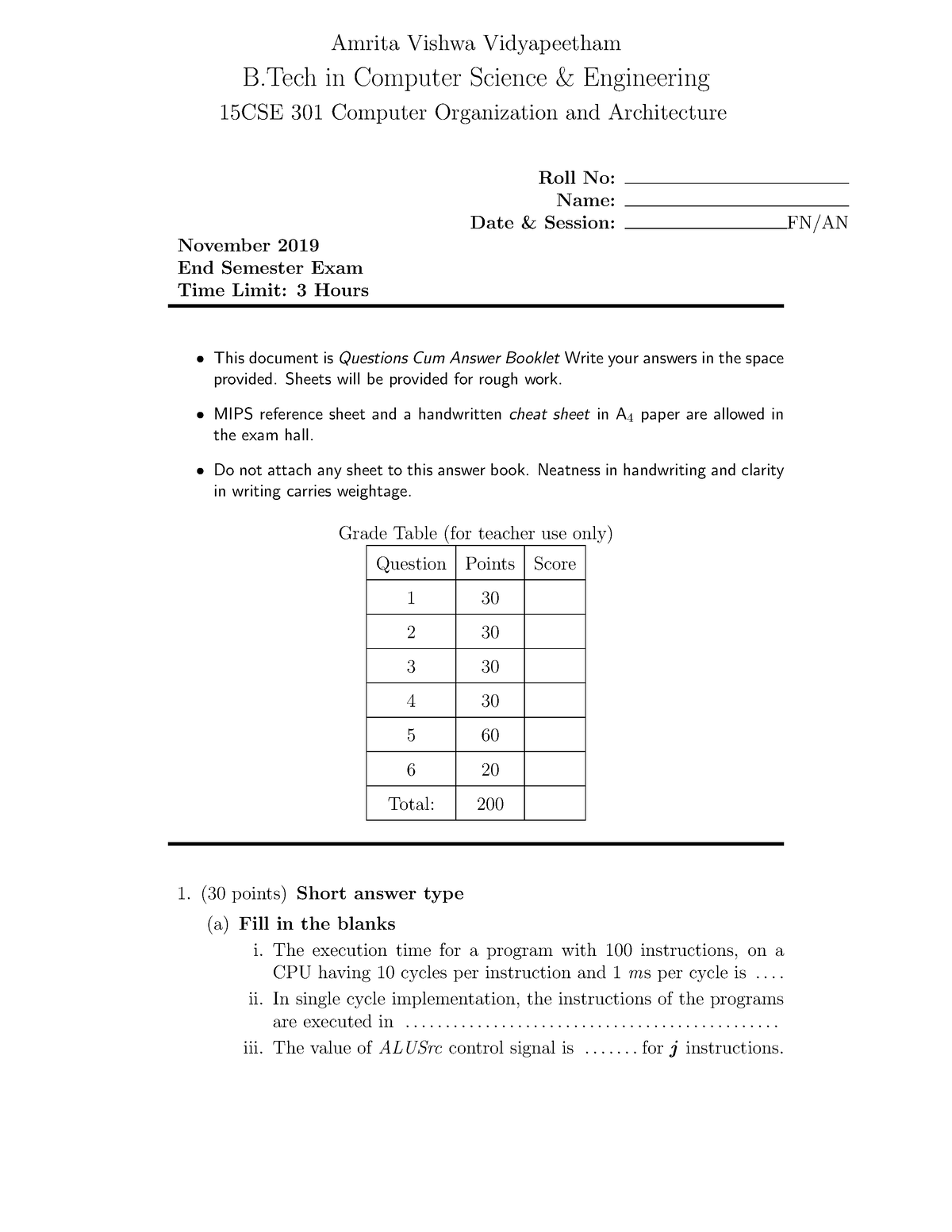 Question Paper Of End Semester Exam - Amrita Vishwa Vidyapeetham B In ...