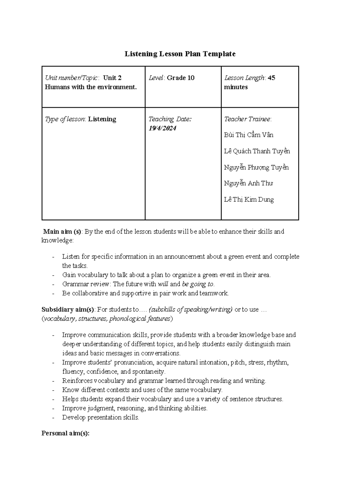 Nguyen Anh Thu - Listening Lesson Plan Template - Listening Lesson Plan ...