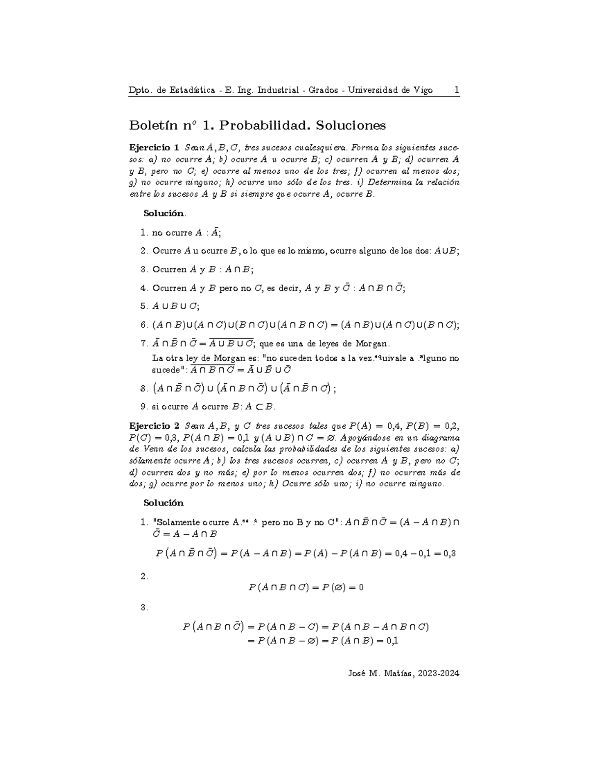 Boletin 1 Probabilidad 2324 Soluciones - BoletÌn No 1. Probabilidad ...
