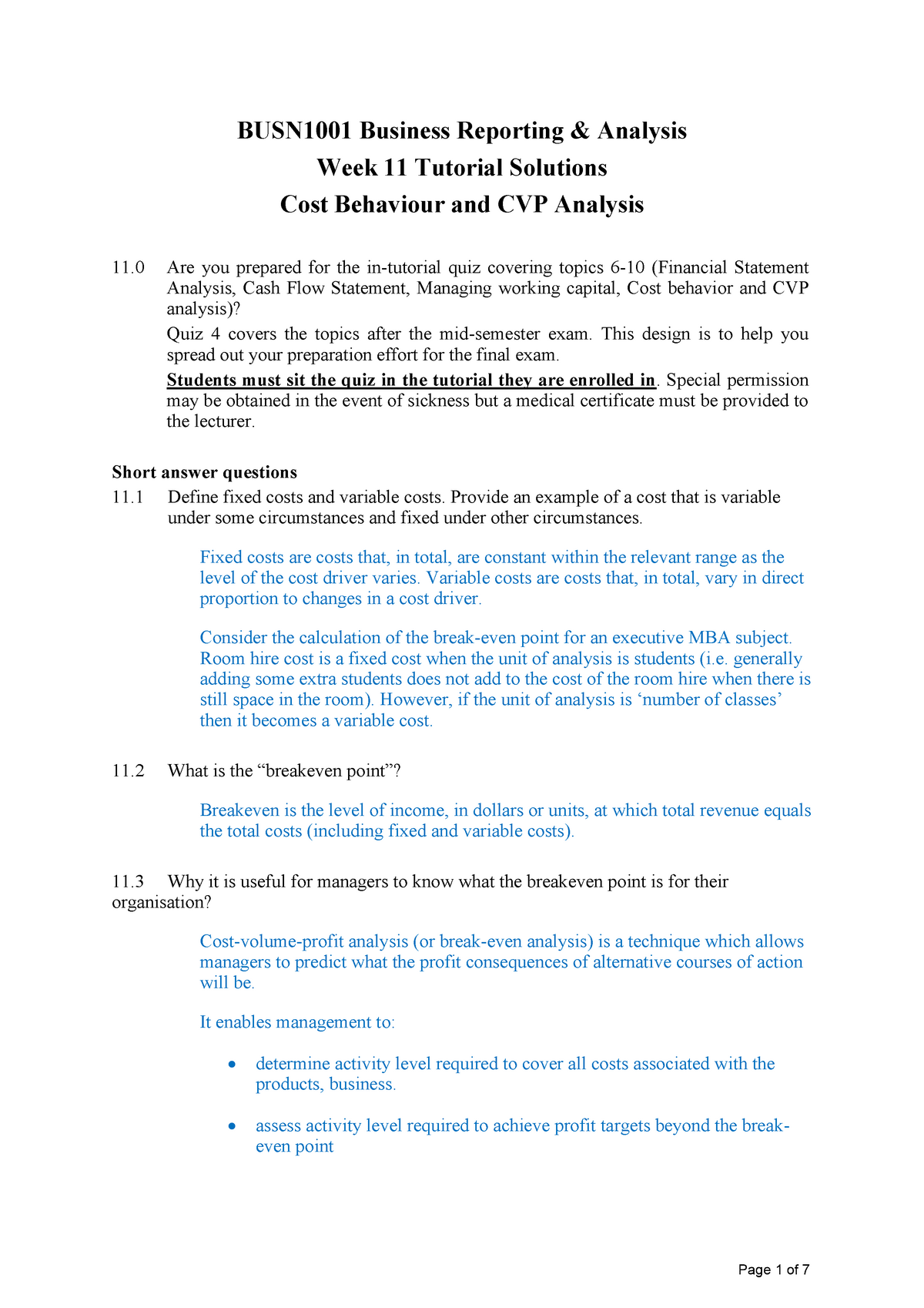 Week 11 Tutorial Solutions - BUSN1001 Business Reporting & Analysis ...