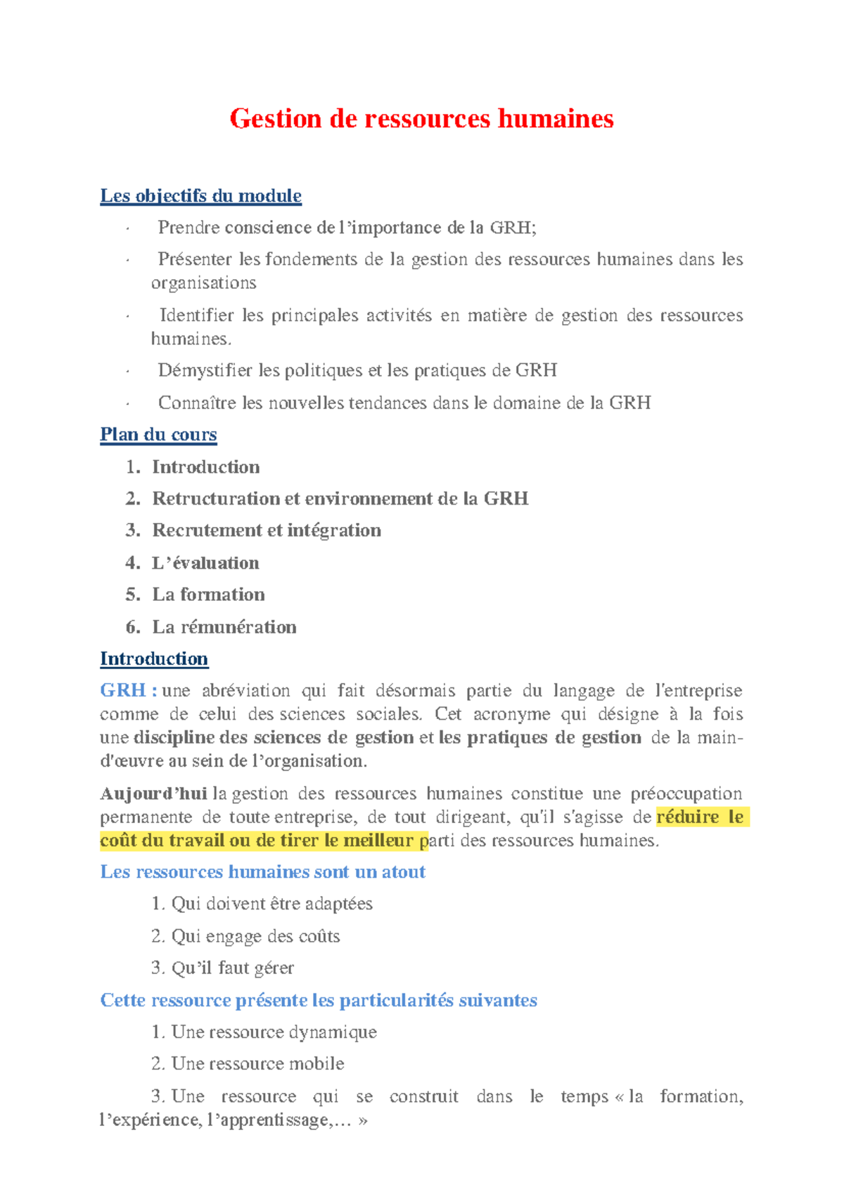 Cours GRH - grh - Gestion de ressources humaines Les objectifs du ...