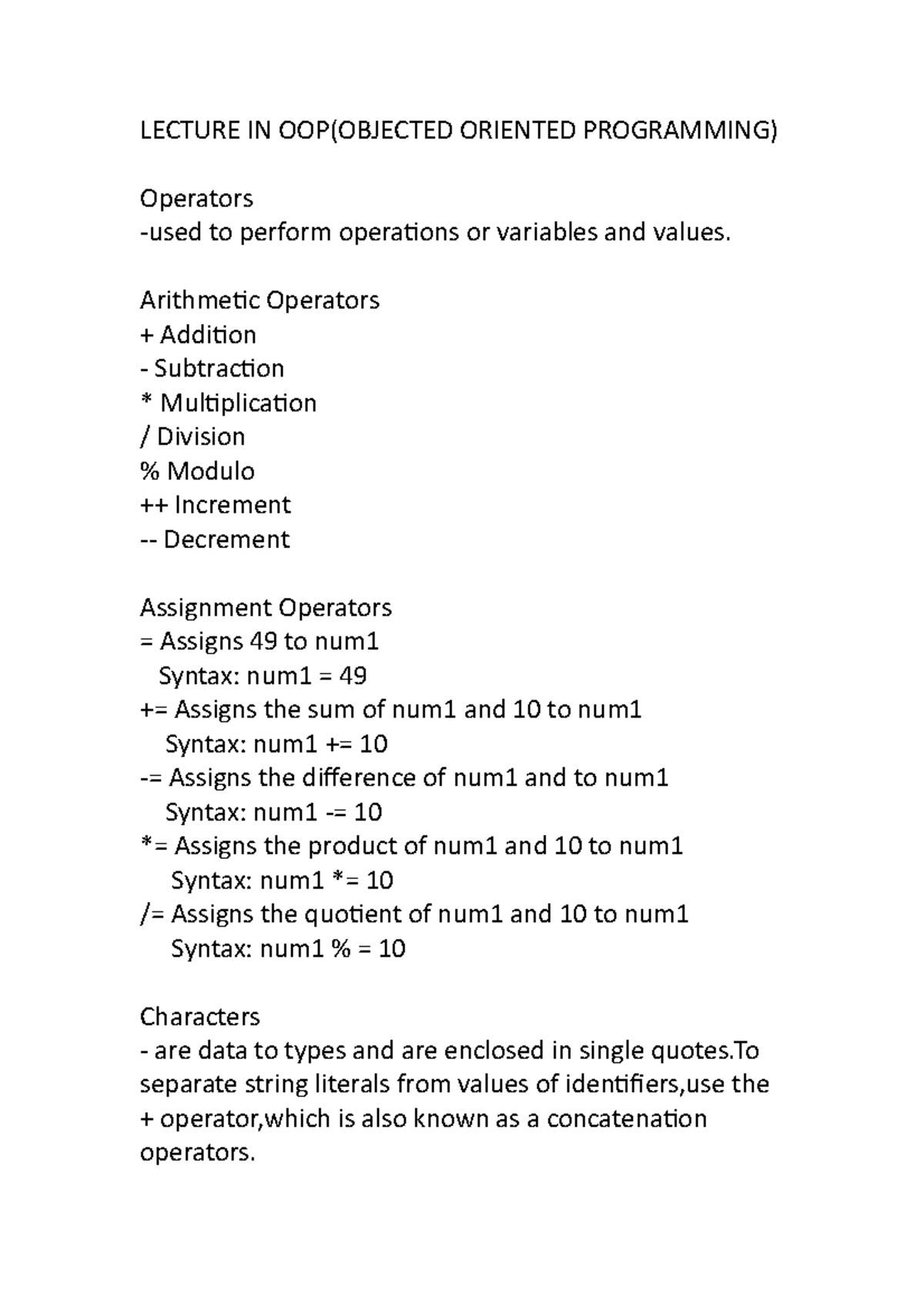 Lecture 3 - LECTURE IN OOP(OBJECTED ORIENTED PROGRAMMING) Operators ...