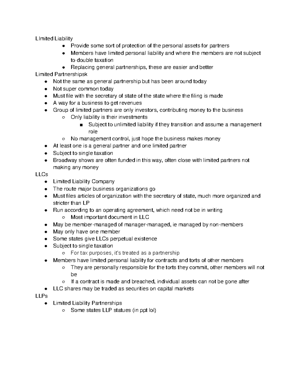 Chapter 33 notes - LImited Liability Provide some sort of protection of ...