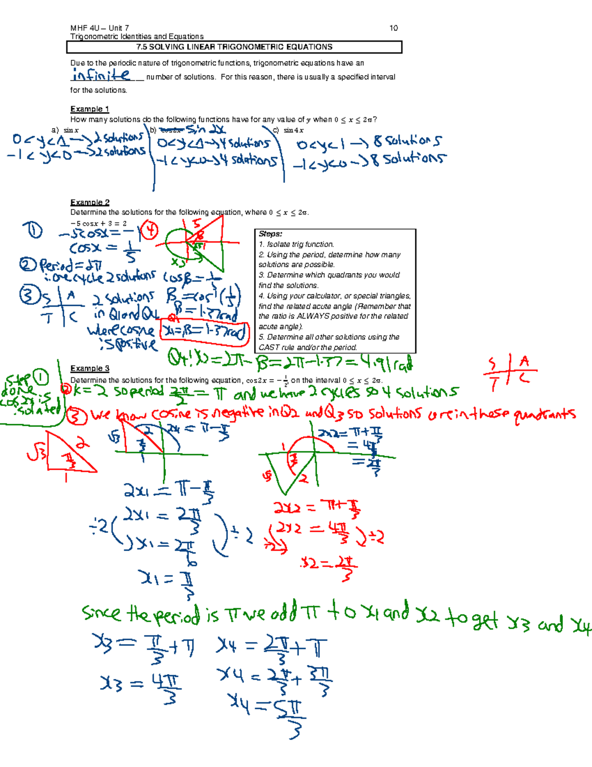 7.5 Solving Linear Trig Equations - MHF 4U – Unit 7 10 Trigonometric ...