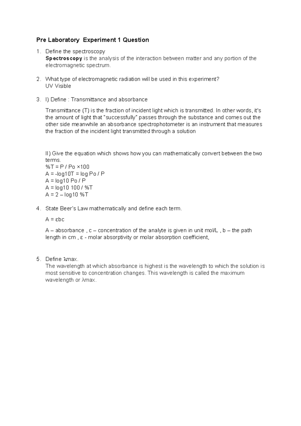 Experiment 1 Lab Instrumentation CHM260 - Pre Laboratory Experiment 1 ...