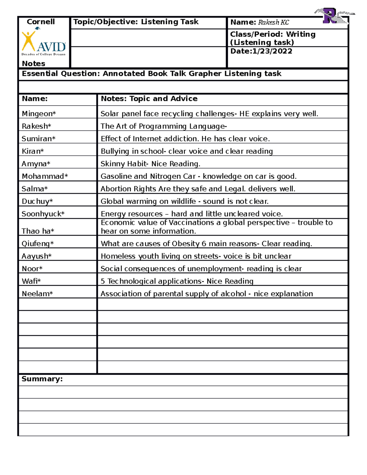 Cornell Notes (Reading) - Cornell Notes Topic/Objective: Listening Task ...