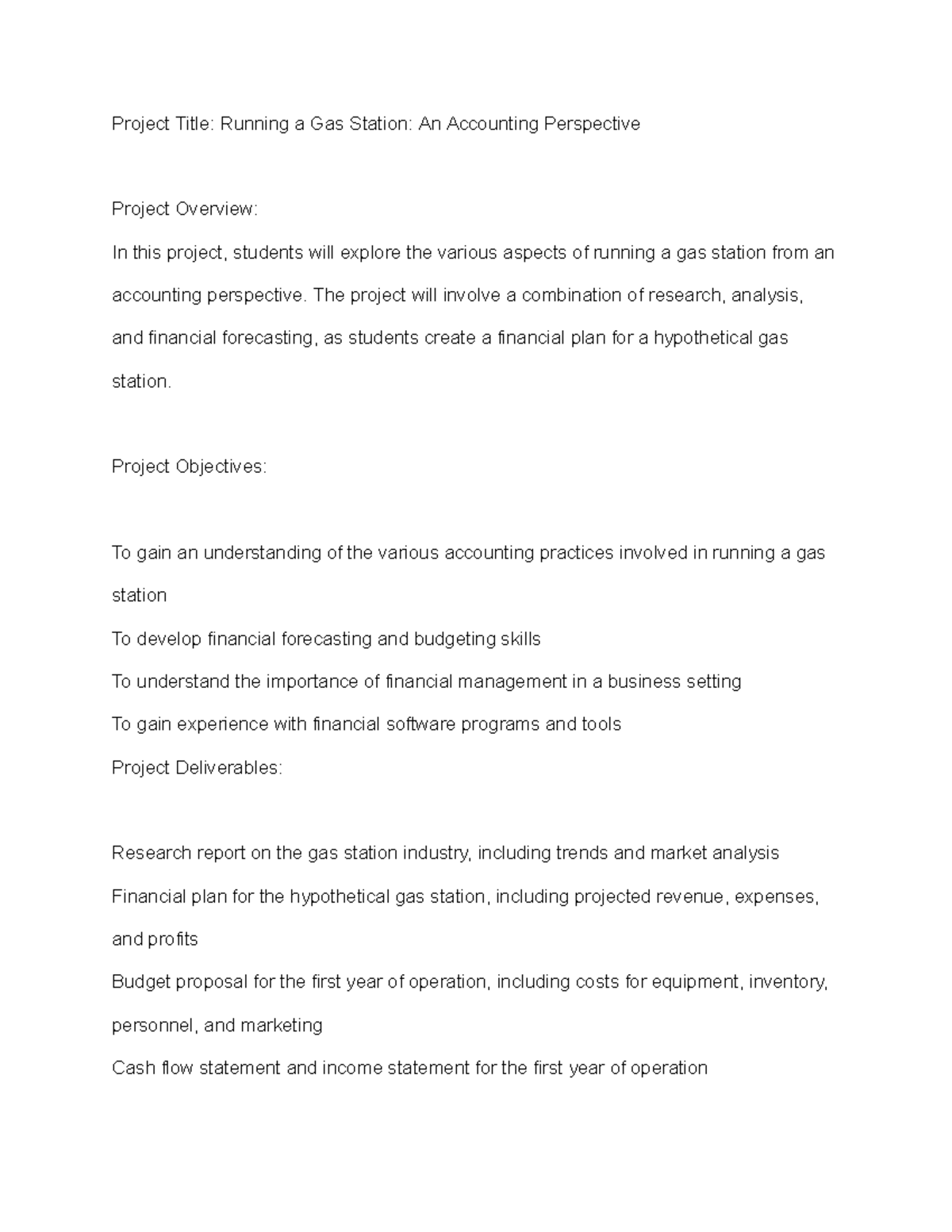 Running a Gas Station An Accounting Perspective The project will