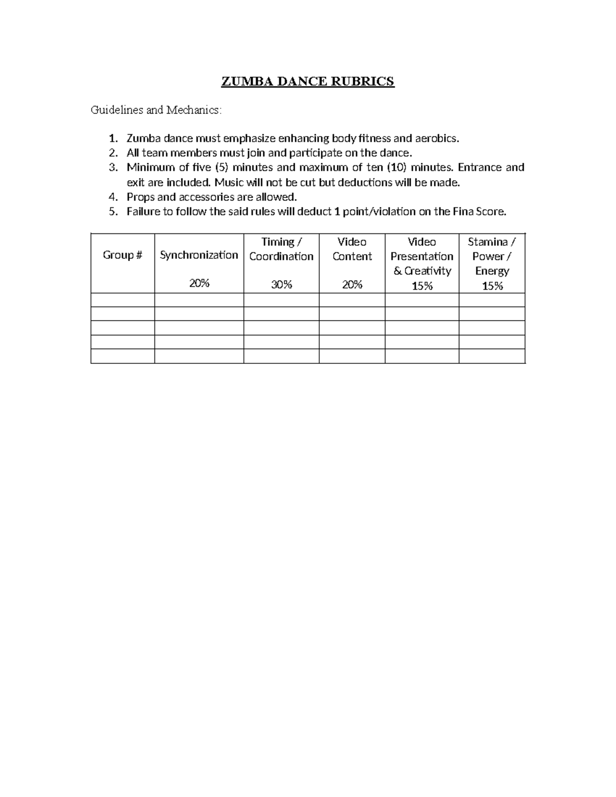 Zumba Dance Rubrics (P - ZUMBA DANCE RUBRICS Guidelines and Mechanics ...