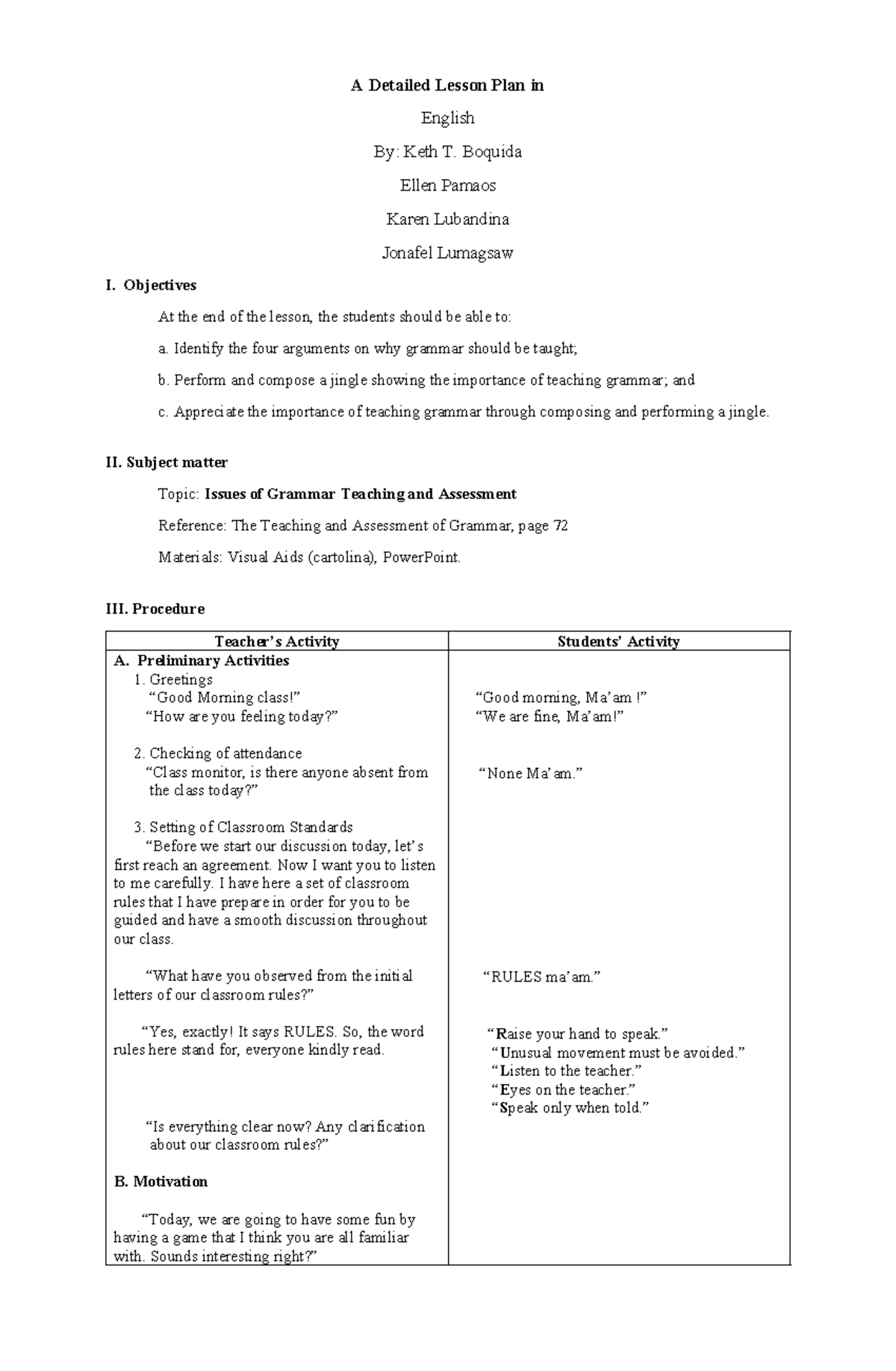 LP in Maj11 (Issues in Teaching Grammar and assessment) - A Detailed ...