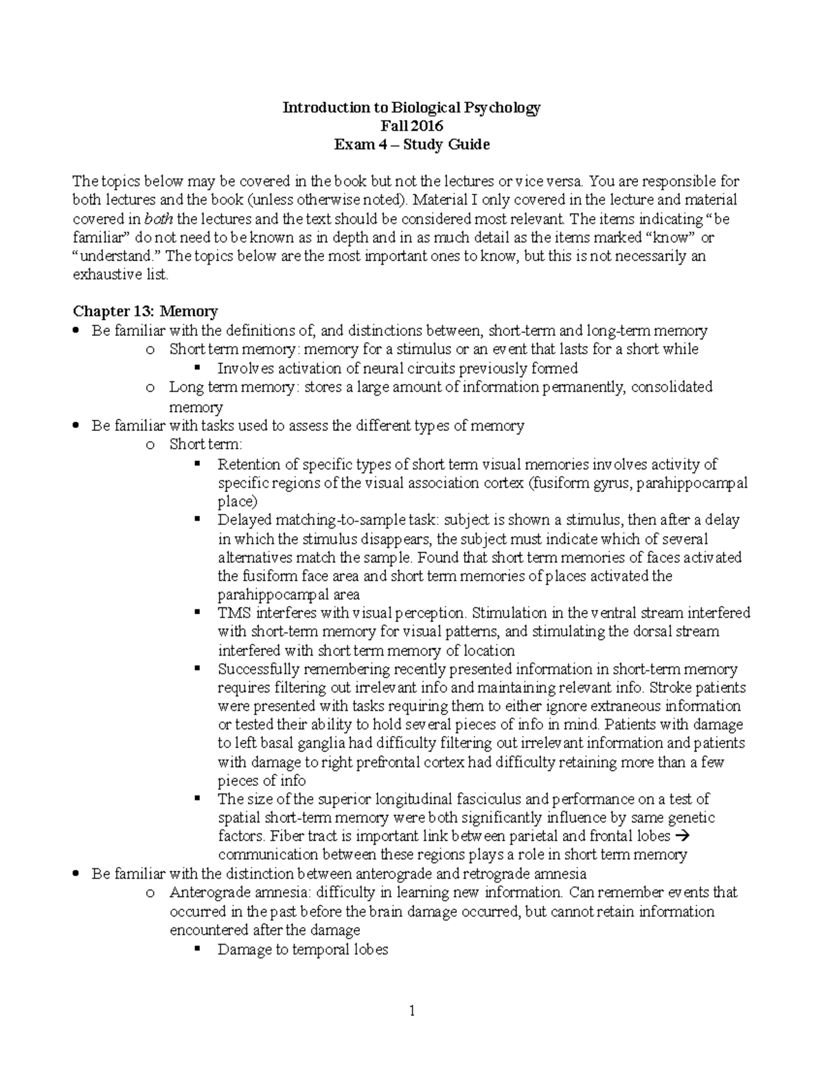 Exam 4 Study Guide - Introduction to Biological Psychology Fall 2016 ...