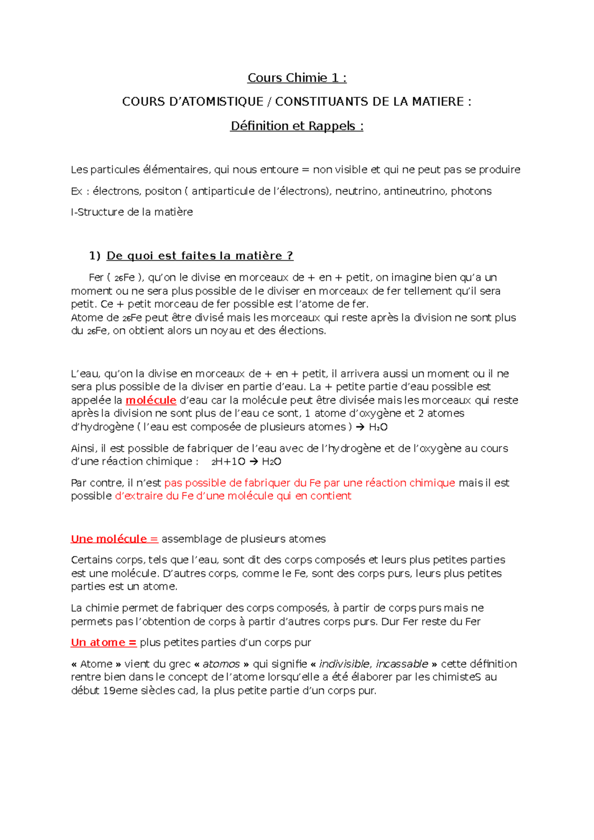 Cours Chimie 2024 Cours Chimie 1 COURS D’ATOMISTIQUE / CONSTITUANTS