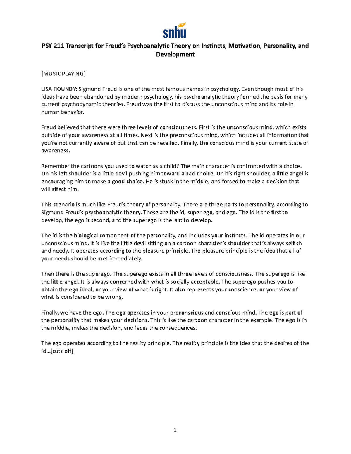 PSY 211 Transcript for Freuds Psychoanalytic Theory on Instincts ...