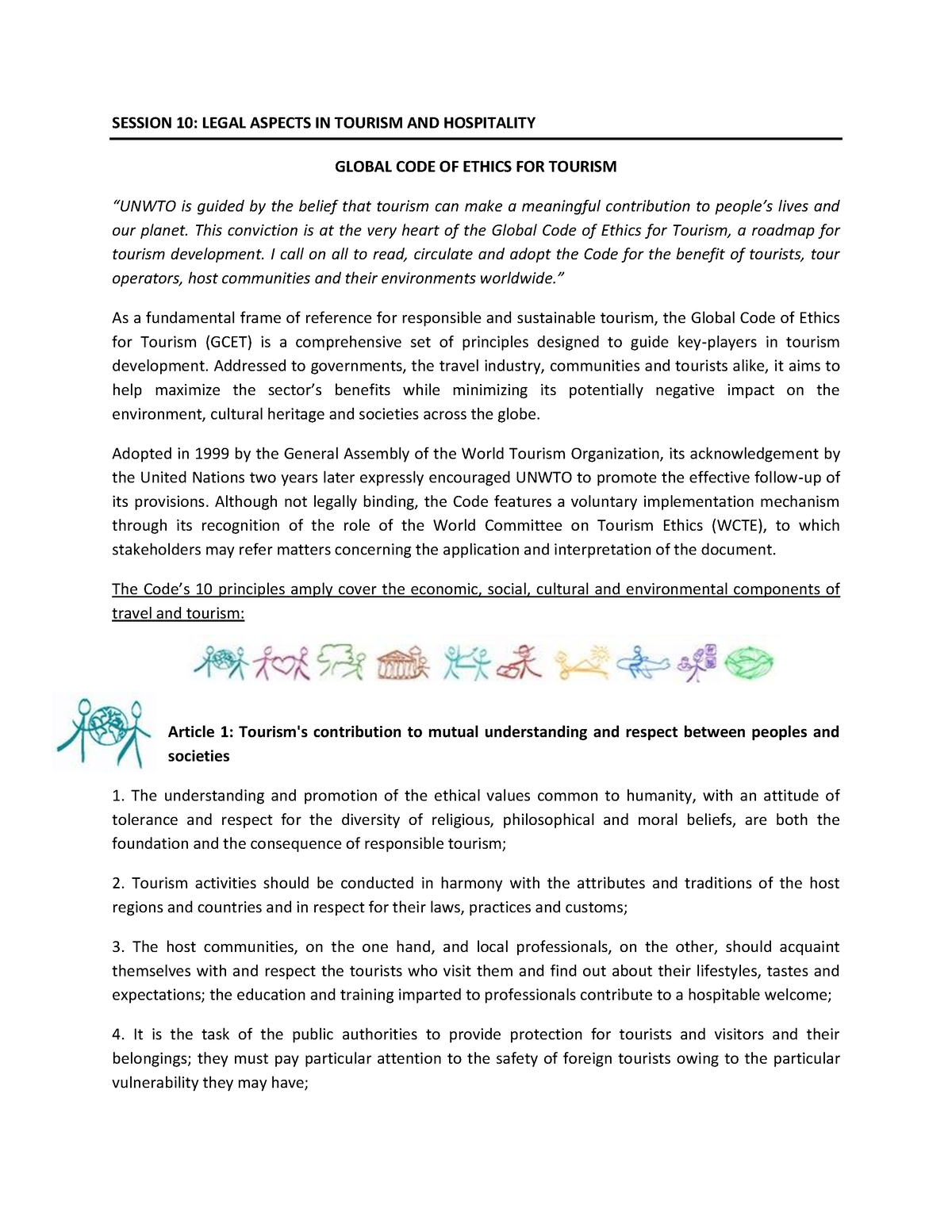 Wk 11 Lecture 1- Global Code of Ethics for Tourism - SESSION 10: LEGAL