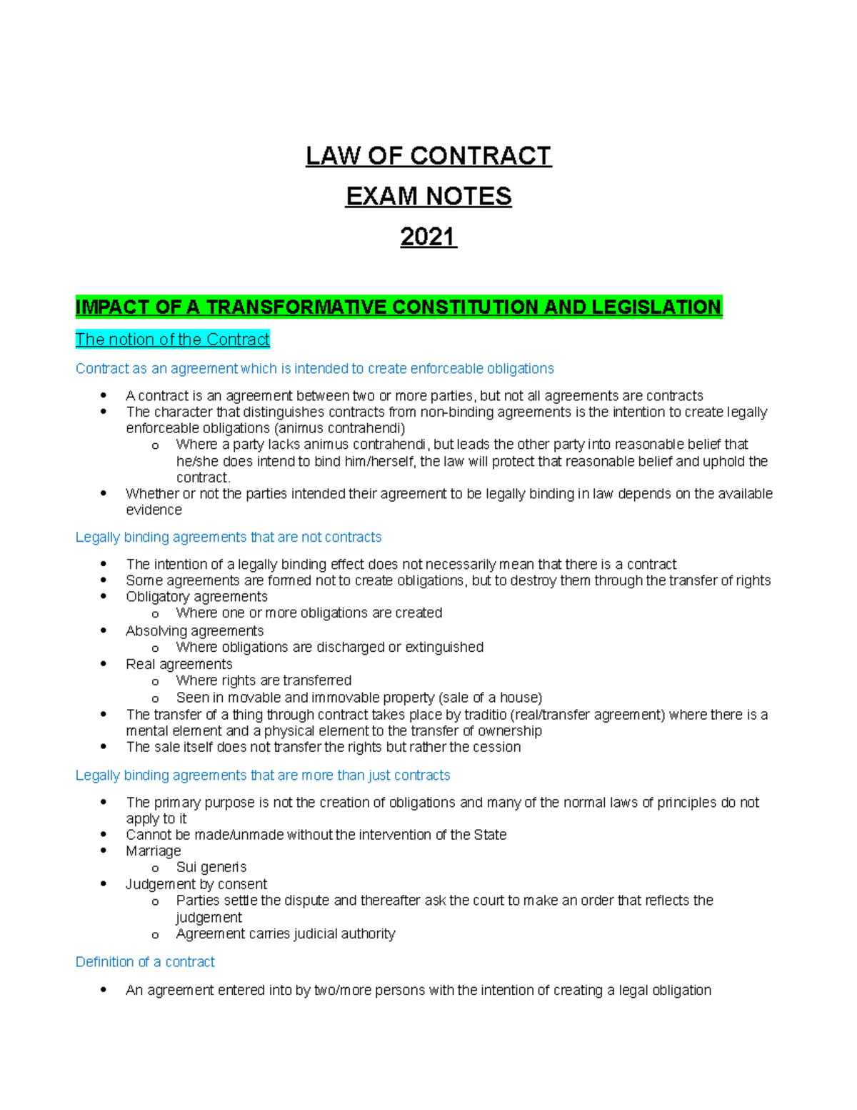 Law of contract exam notes and lecture summaries. - CNT 311 - UWC - Studocu