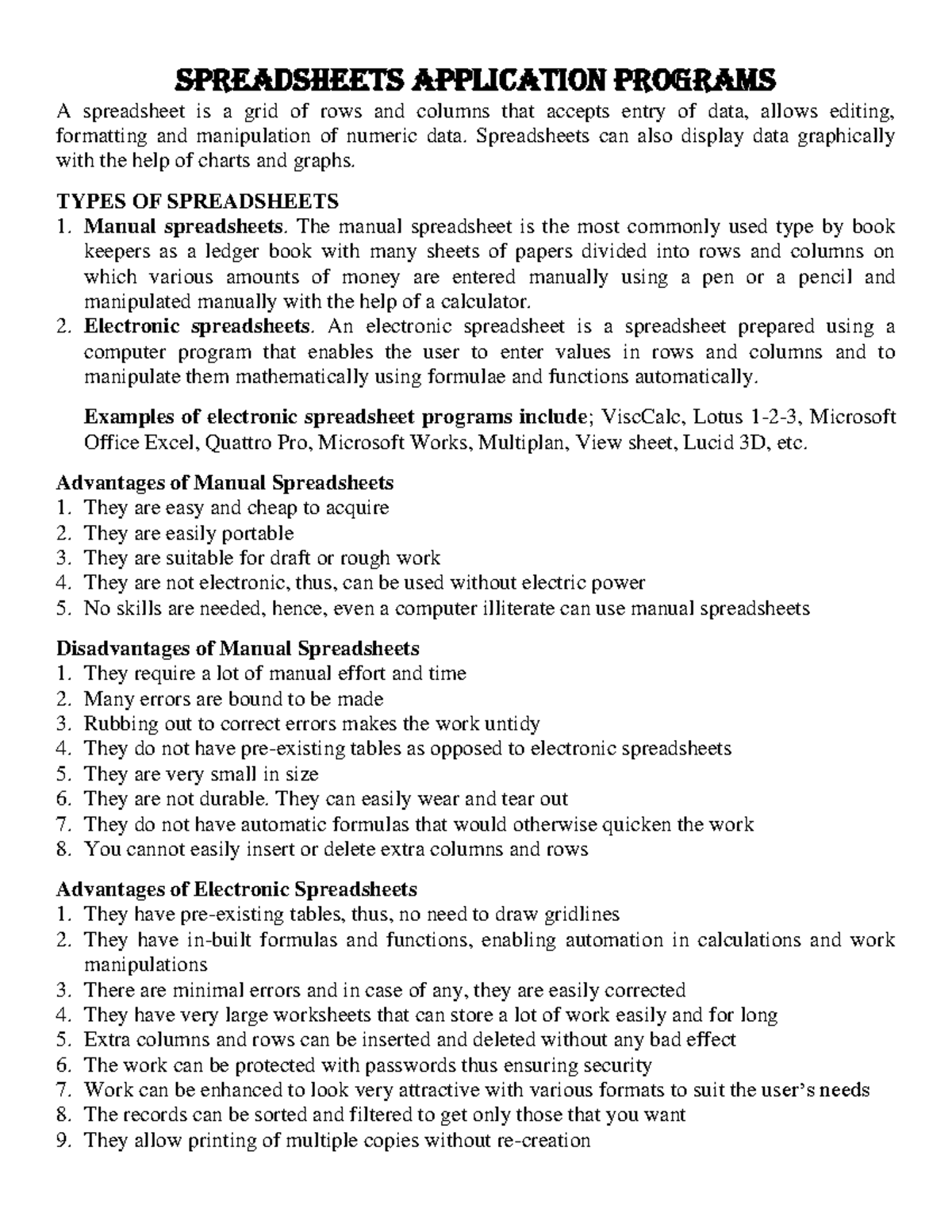 Spreadsheets application programs SPREADSHEETS application programs A