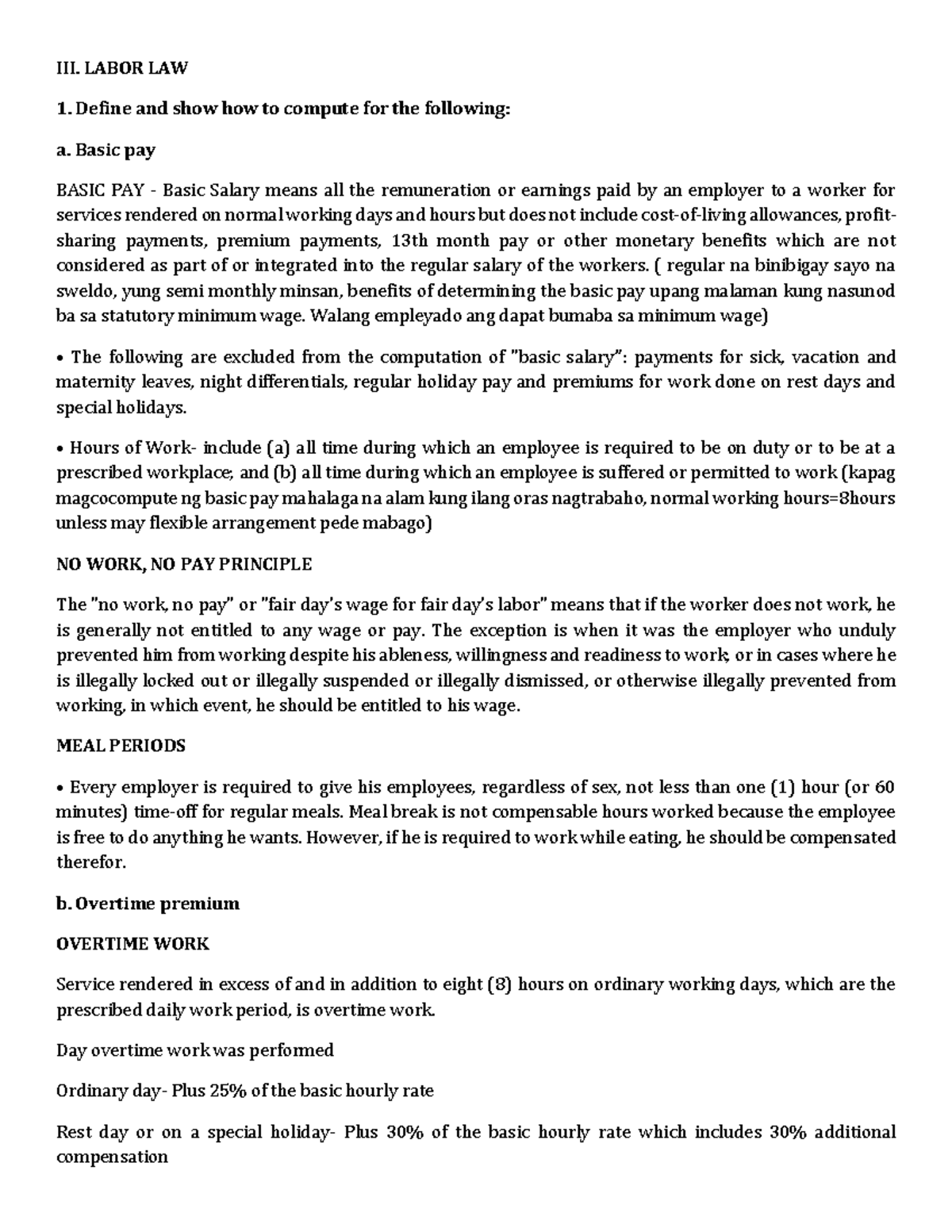 labor law/////// - III. LABOR LAW Define and show how to compute for ...