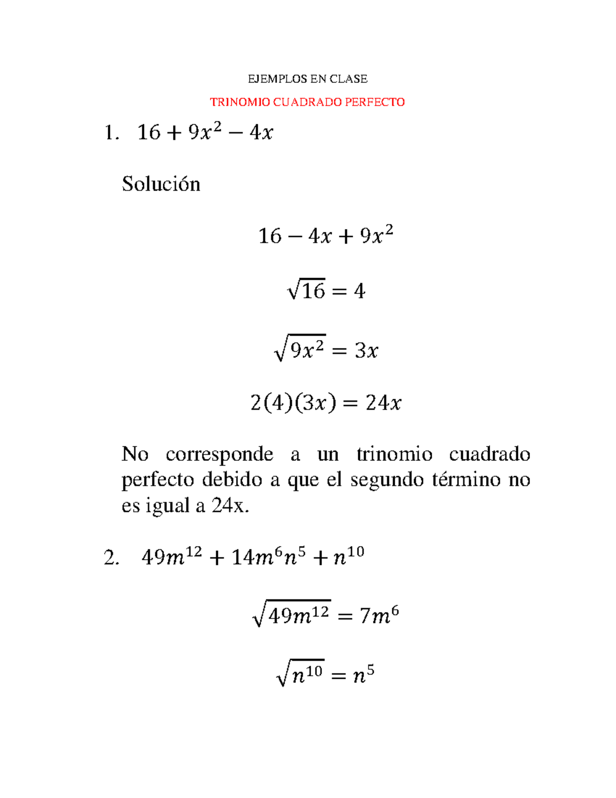 Ejemplos Trinomio Cuadrado Perfecto - EJEMPLOS EN CLASE TRINOMIO ...